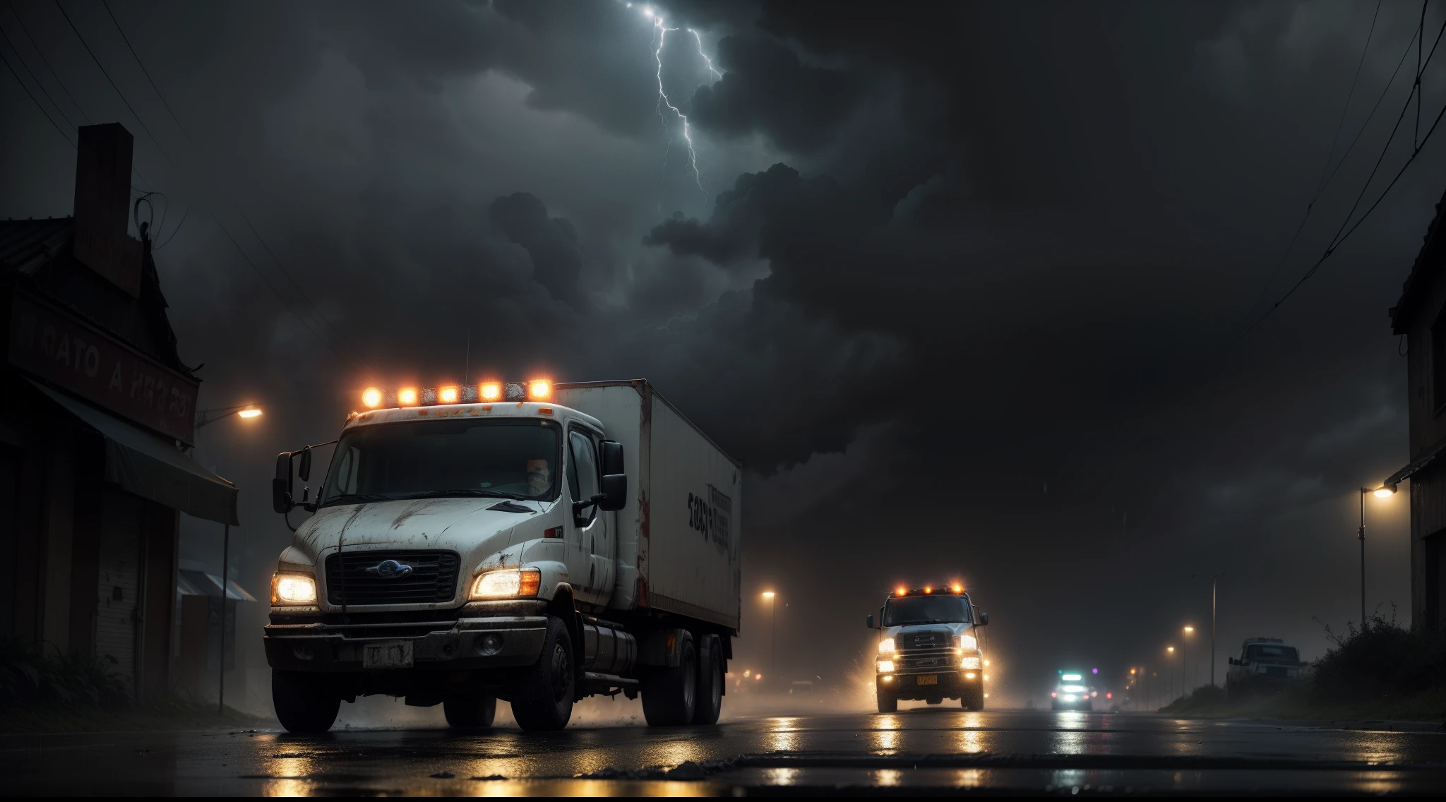 centro de terror, Broken truck on dark road, torrential rain falling from the night sky, atmosfera aterrorizante, detalhes ultra realistas.