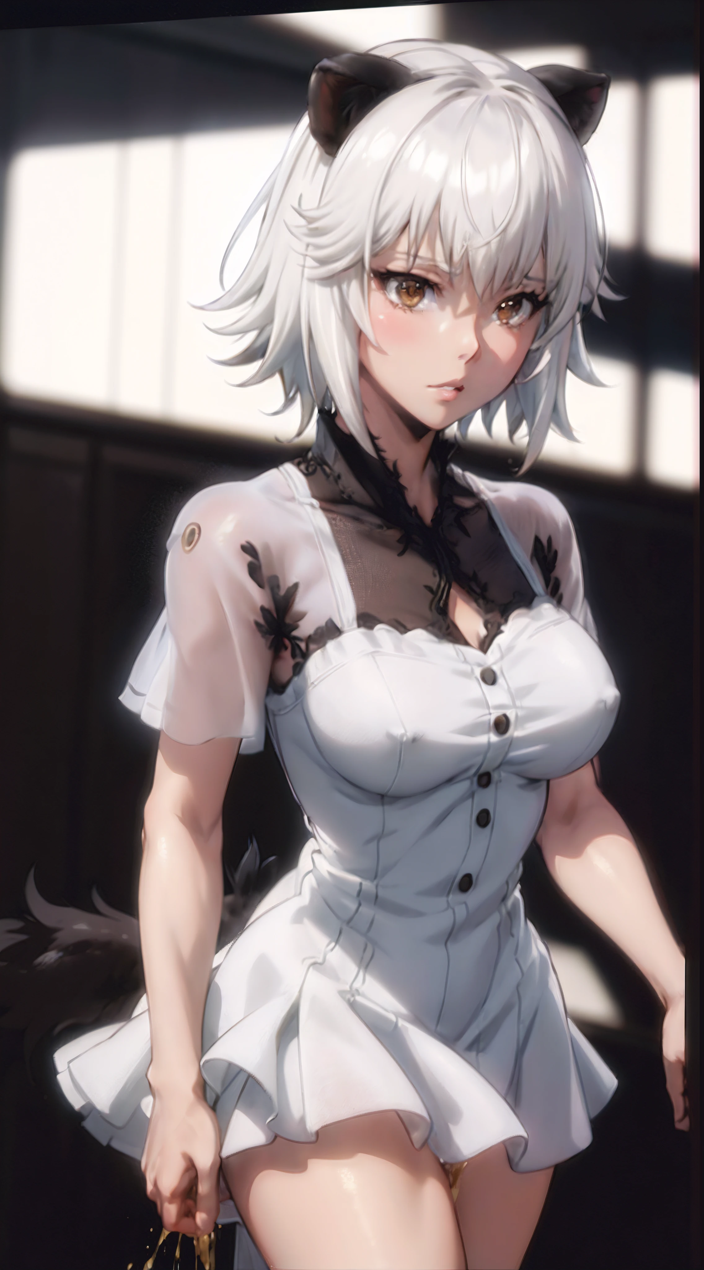 masterpiece, best quality, highres, 1girl, solo, animal ears, white hair, short hair, brown eyes, tail, large breasts, standing, (((upper body))), ((peeing)), anime artstyle, (elegant dress)