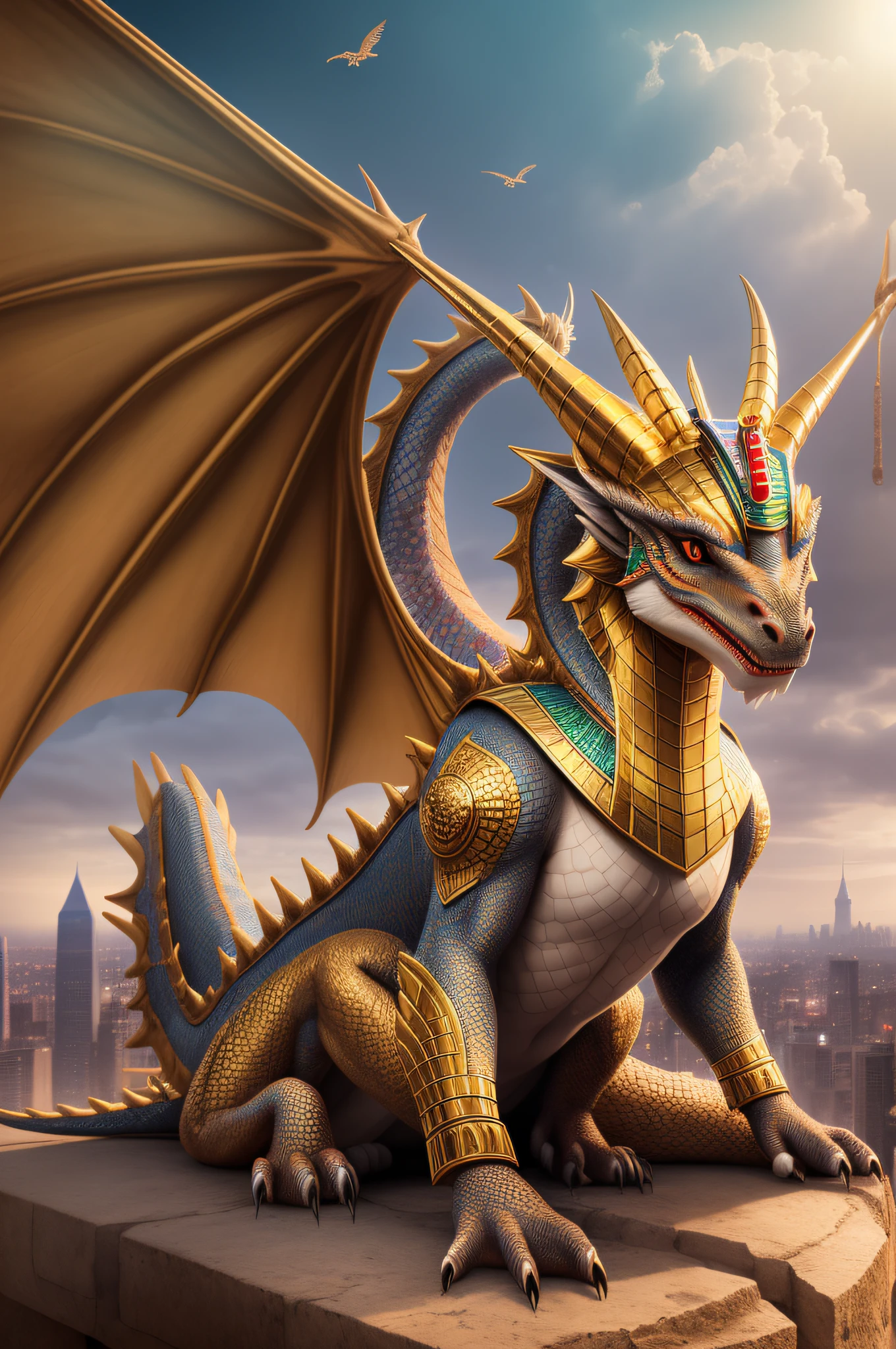 Photo realistic full body of an Egyptian dragon queen, gold, f1. 8, dslr, Portrait Lighting, ultra-realistic, 4k, sitting on the neck of a white flying dragon over the Egyptian city.