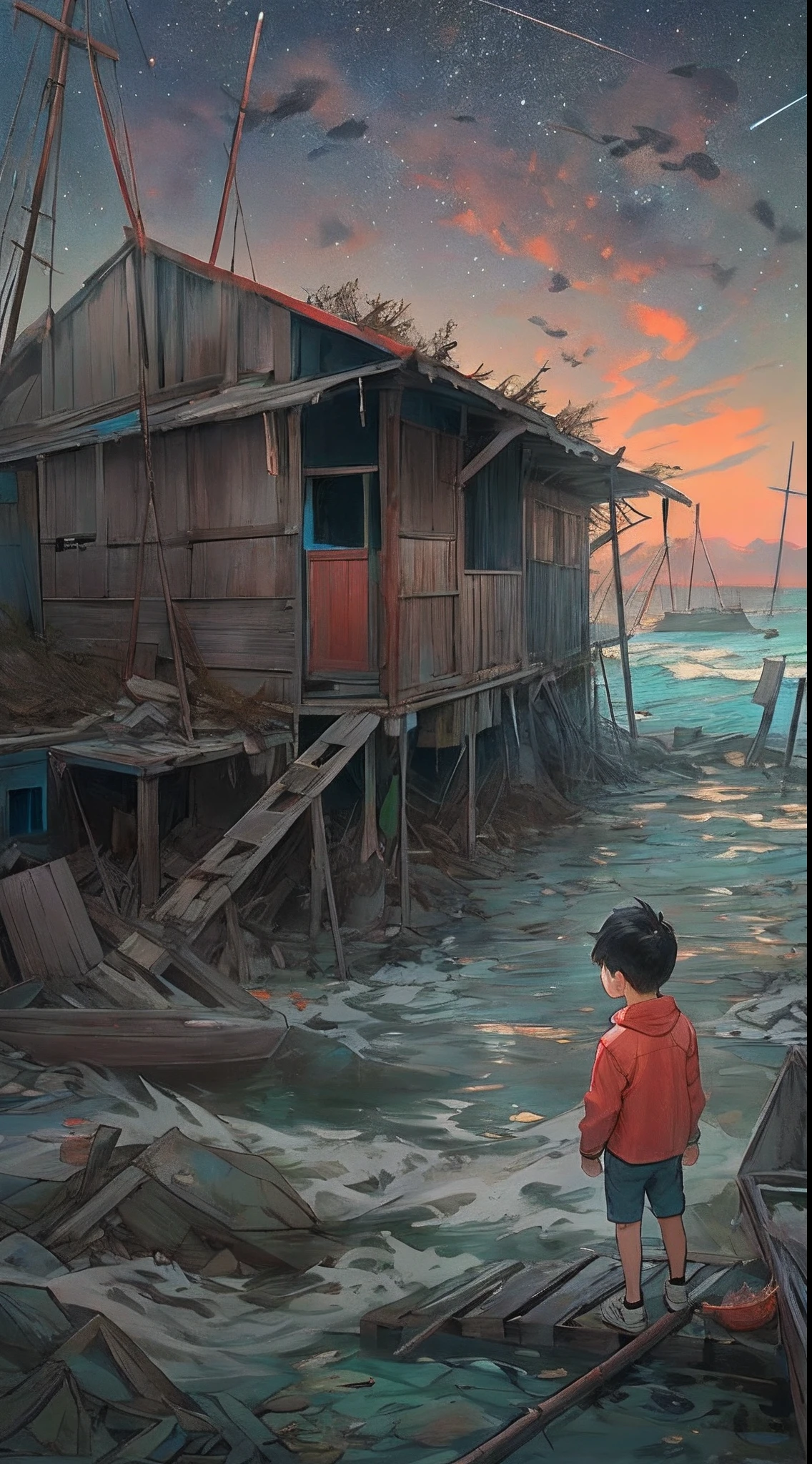A small boy standing in an abandoned fishing village, with a polluted ocean behind him, a face filled with helplessness and anger, ,in the style of the stars art group xing xing, 32k, best quality, masterpiece, super detail, high details