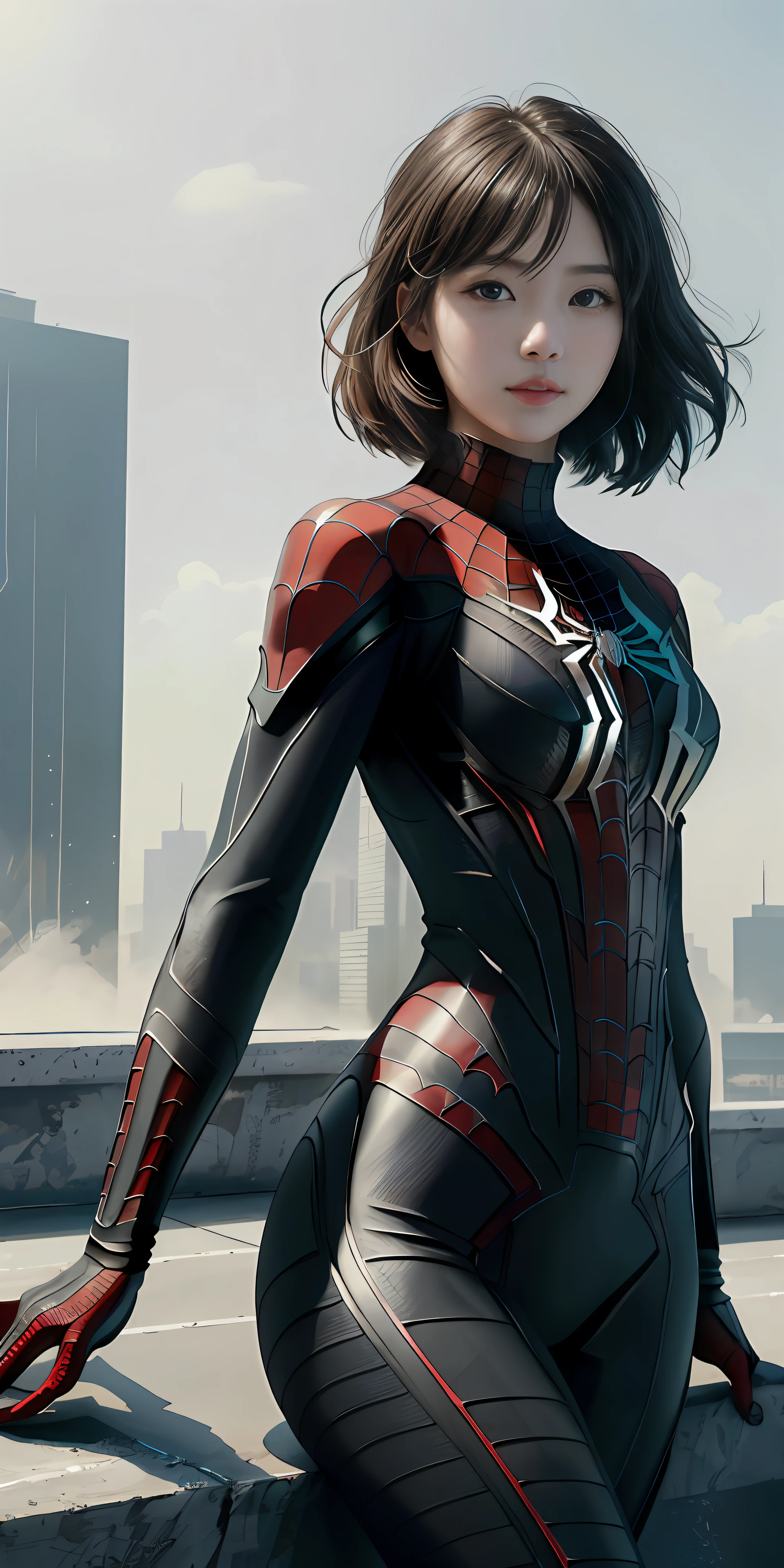 (1girl:1.3), Solo, (((Very detailed face)))), ((Very detailed eyes and face)))), Beautiful detail eyes, Body parts__, Official art, Unified 8k wallpaper, Super detailed, beautiful and beautiful, beautiful, masterpiece, best quality, original, masterpiece, super fine photo, best quality, super high resolution, realistic realism, sunlight, full body portrait, amazing beauty, dynamic pose, delicate face, vibrant eyes, (from the front), She wears Spider-Man suit, red and black color scheme, spider, very detailed city roof background, rooftop, overlooking the city, detailed face, detailed complex busy background, messy, gorgeous, milky white, highly detailed skin, realistic skin details, visible pores, clear focus, volumetric fog, 8k uhd, DSLR, high quality, film grain, fair skin, photo realism, lomography, futuristic dystopian megalopolis, translucent