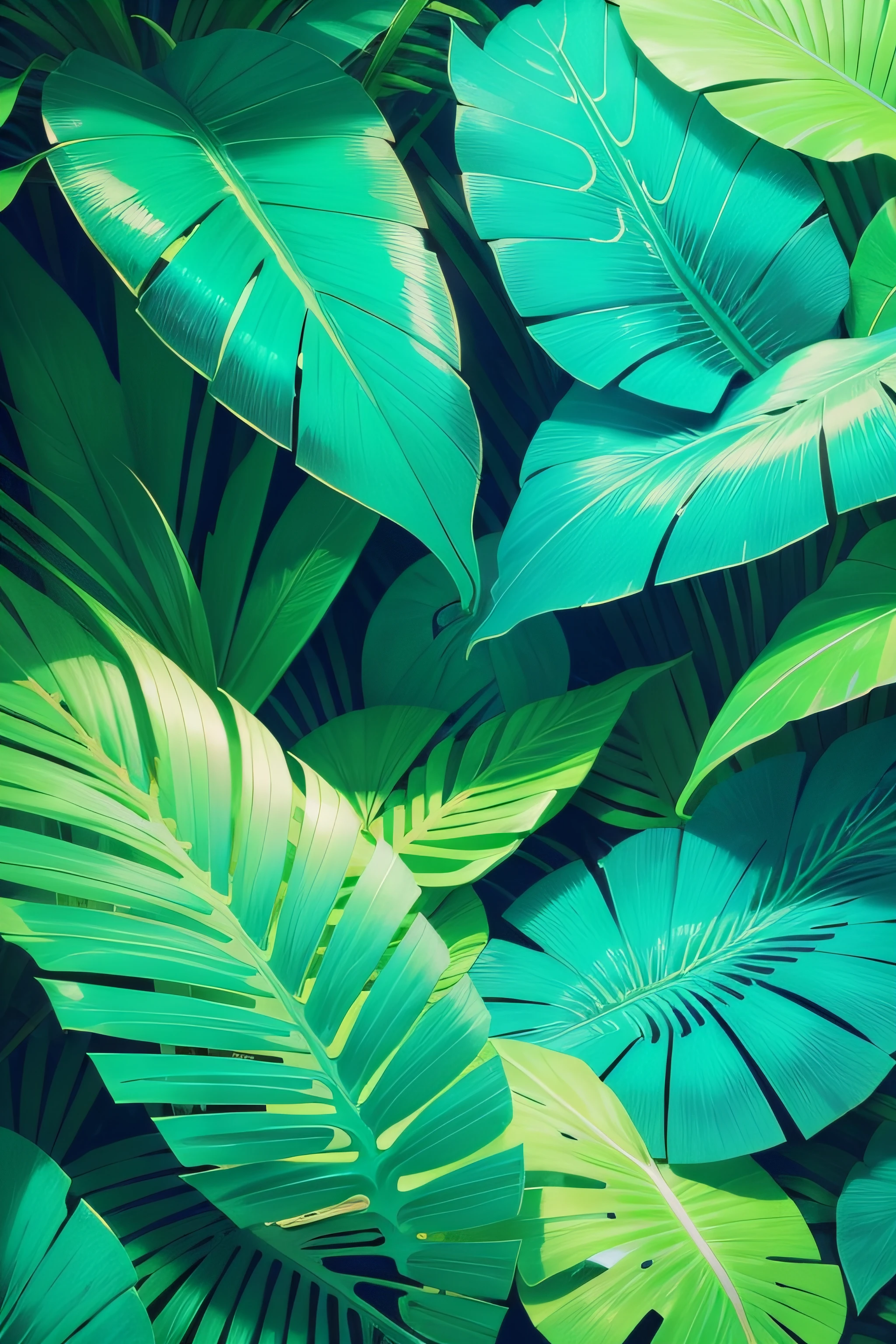 tropical mood,Tropical plants with flowing leaves(green color,cyan colors,blue colors),plethora of colors,Hand drawn illustration effect,lineworks,16k,super detailing