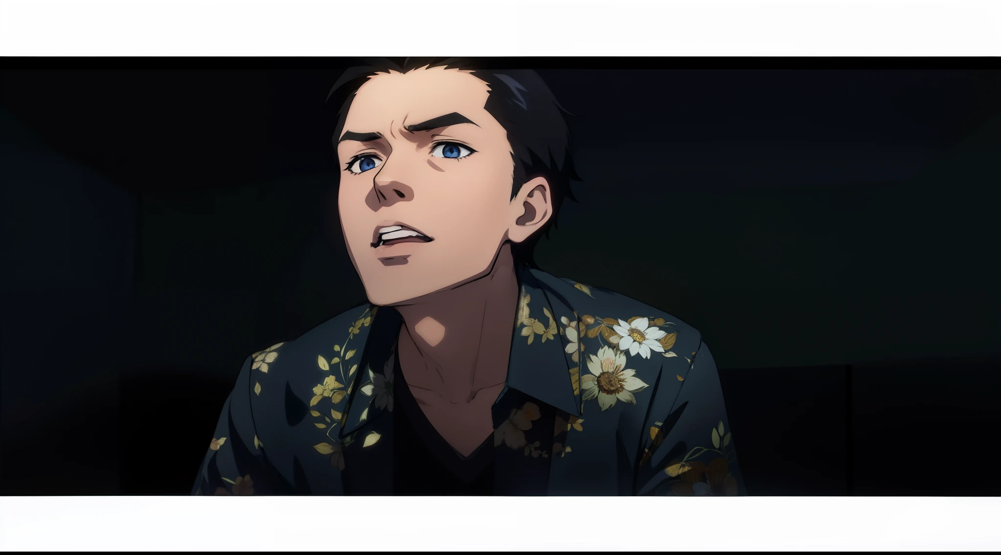 Anime scene, 15 years old boy in fashion shirt, black background, spotlight