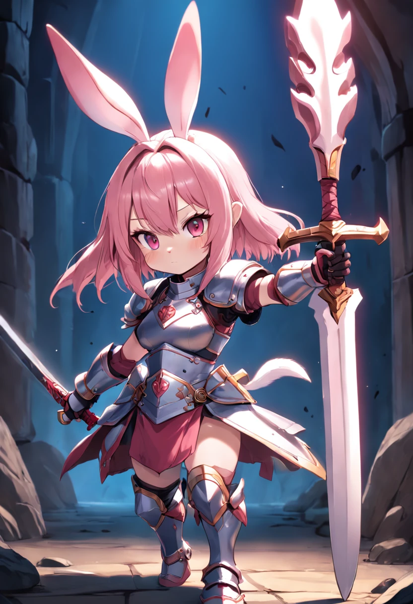 Drawing of a girl with a sword and rabbit ears, rabbit warrior, anthropomorphic warrior piglet, varguyart style, shining pink armor, inspired by Kanbun Master, full body commission for, bunny with helmet and sword, Official Character Art, official fan art, Medieval style characters, Commission for high resolution, she is ready to fight, Mirror on background