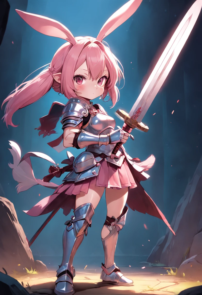 Drawing of a girl with a sword and rabbit ears, rabbit warrior, anthropomorphic warrior piglet, varguyart style, shining pink armor, inspired by Kanbun Master, full body commission for, bunny with helmet and sword, Official Character Art, official fan art, Medieval style characters, Commission for high resolution, she is ready to fight, Mirror on background