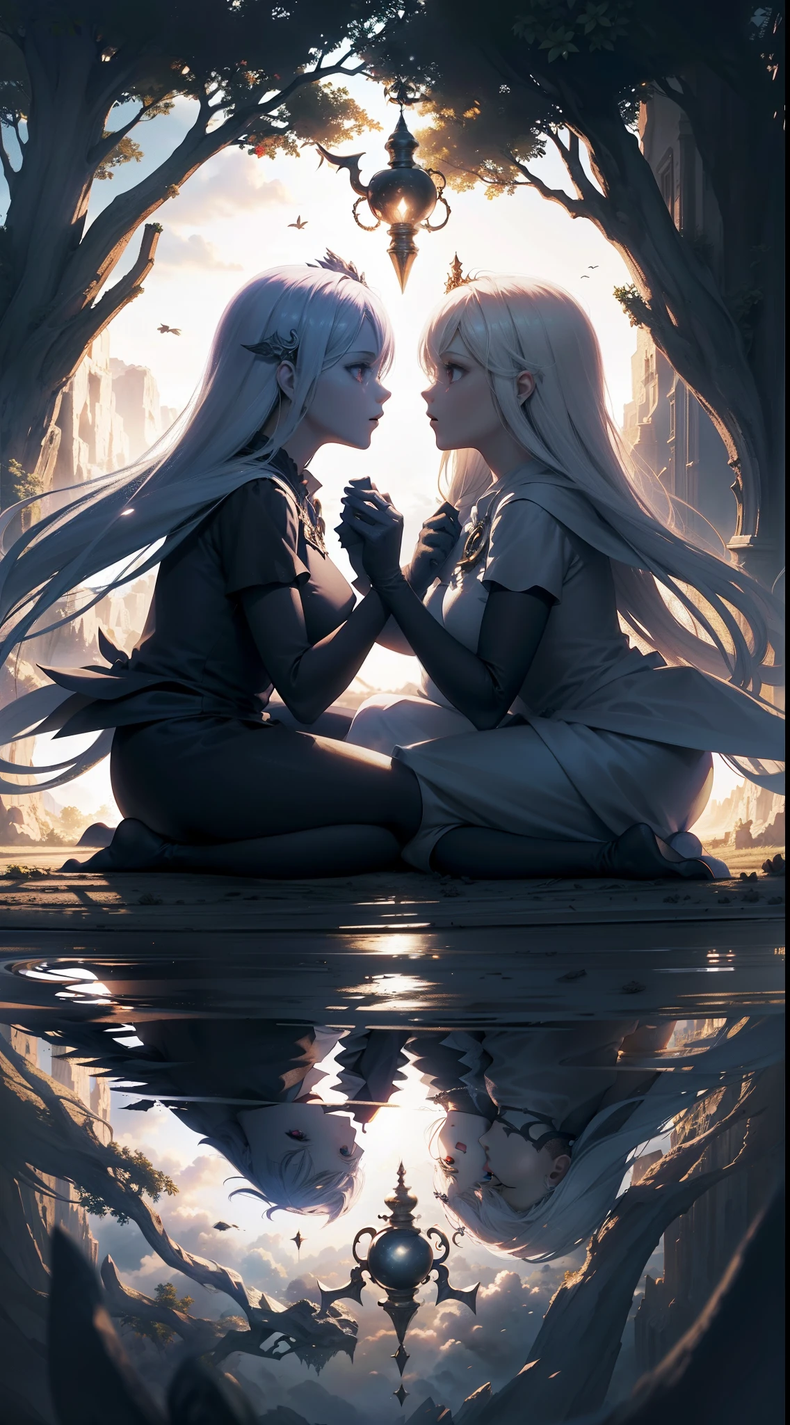 melhor qarity，tmasterpiece，super-fino，twins，2meninas，O anjo，devils，Asas，magical dream，Cena chocante，cinematiclight，rendering by octane