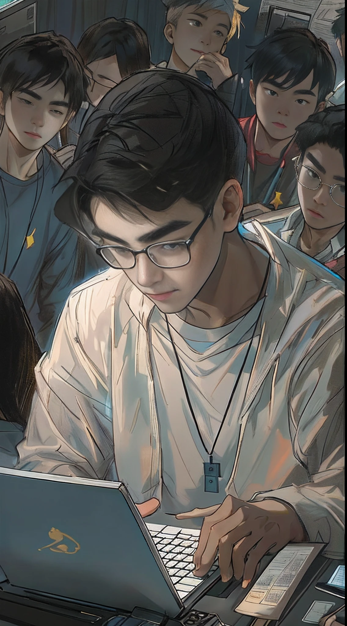 A young man sitting in front of a computer, brows furrowed, flipping through documents and typing on the keyboard. Surrounded by a group of passionate online friends, they gather together to constantly criticize the small country on the screen.,in the style of the stars art group xing xing, 32k, best quality, masterpiece, super detail, high details