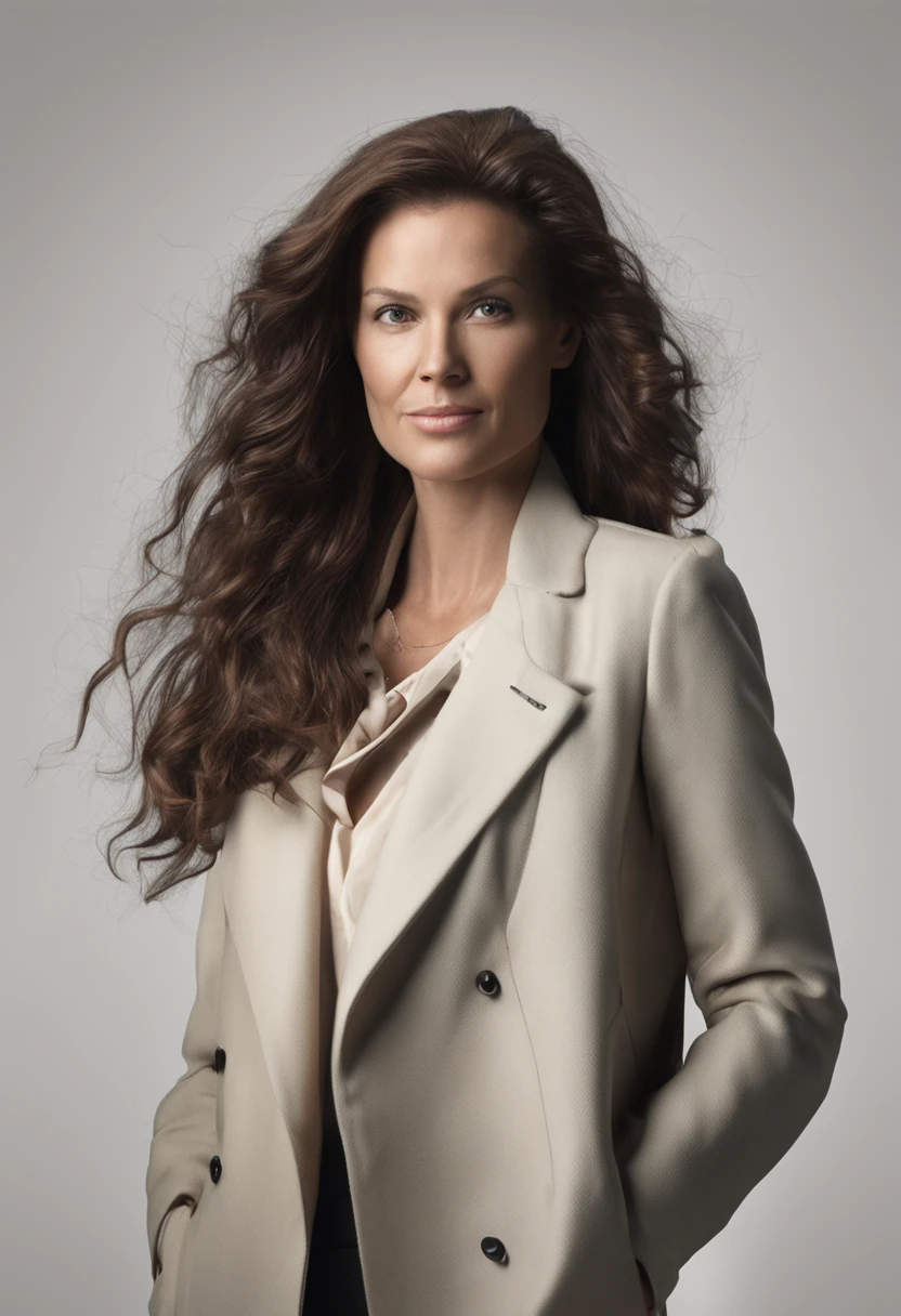 Generate a hyper-realistic, high-resolution (4K or higher) portrait and full-body image of a human. The subject should be a female in her late 30s, with medium-length wavy brunette hair, green eyes, and a light skin tone. She should be dressed in casual smart attire, consisting of a white blouse, black tailored trousers, and polished black shoes. She should be positioned in a well-lit, natural light setting with a blurred background to focus on the subject. The lighting should be soft but directional, coming from a 45-degree angle to create a Rembrandt lighting effect on her face. Her expression should be confident and engaging, with a genuine smile that shows her teeth slightly. The style should be photorealistic to the point that the generated image should be indistinguishable from a high-quality photograph. Please pay close attention to textures and fine details such as skin pores, individual strands of hair, and the fabric of her clothes. The image should look as if it was taken by a high-end DSLR camera with a prime lens.