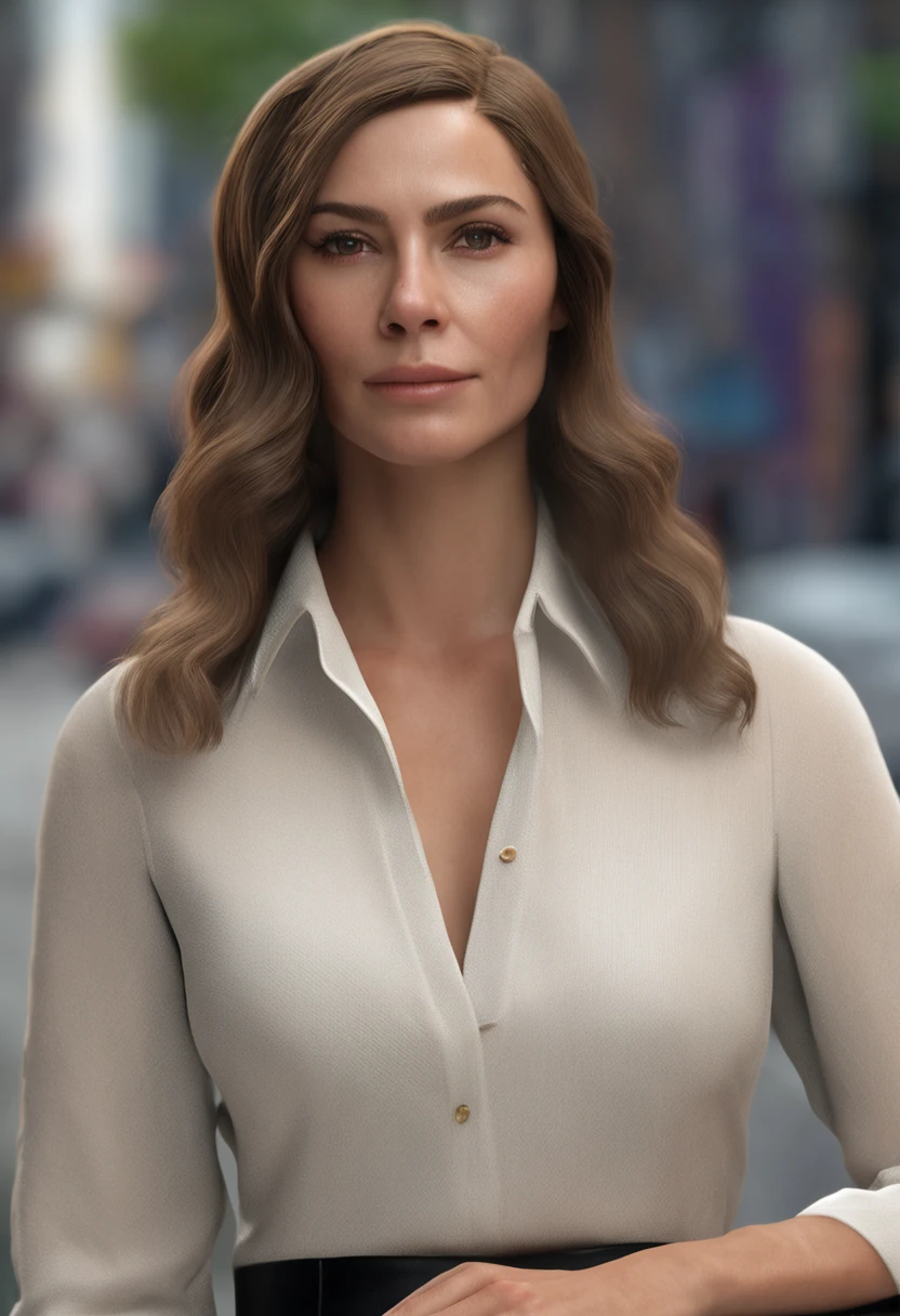 Generate a hyper-realistic, high-resolution (4K or higher) portrait and full-body image of a human. The subject should be a female in her late 30s, with medium-length wavy brunette hair,  green eyes, and a light skin tone. She should be dressed in casual smart attire, consisting of a white blouse, black tailored trousers, and polished black shoes. She should be positioned in a well-lit, natural light setting with a blurred background to focus on the subject. The lighting should be soft but directional, coming from a 45-degree angle to create a Rembrandt lighting effect on her face. Her expression should be confident and engaging, with a genuine smile that shows her teeth slightly. The style should be photorealistic to the point that the generated image should be indistinguishable from a high-quality photograph. Please pay close attention to textures and fine details such as skin pores, individual strands of hair, and the fabric of her clothes. The image should look as if it was taken by a high-end DSLR camera with a prime lens.