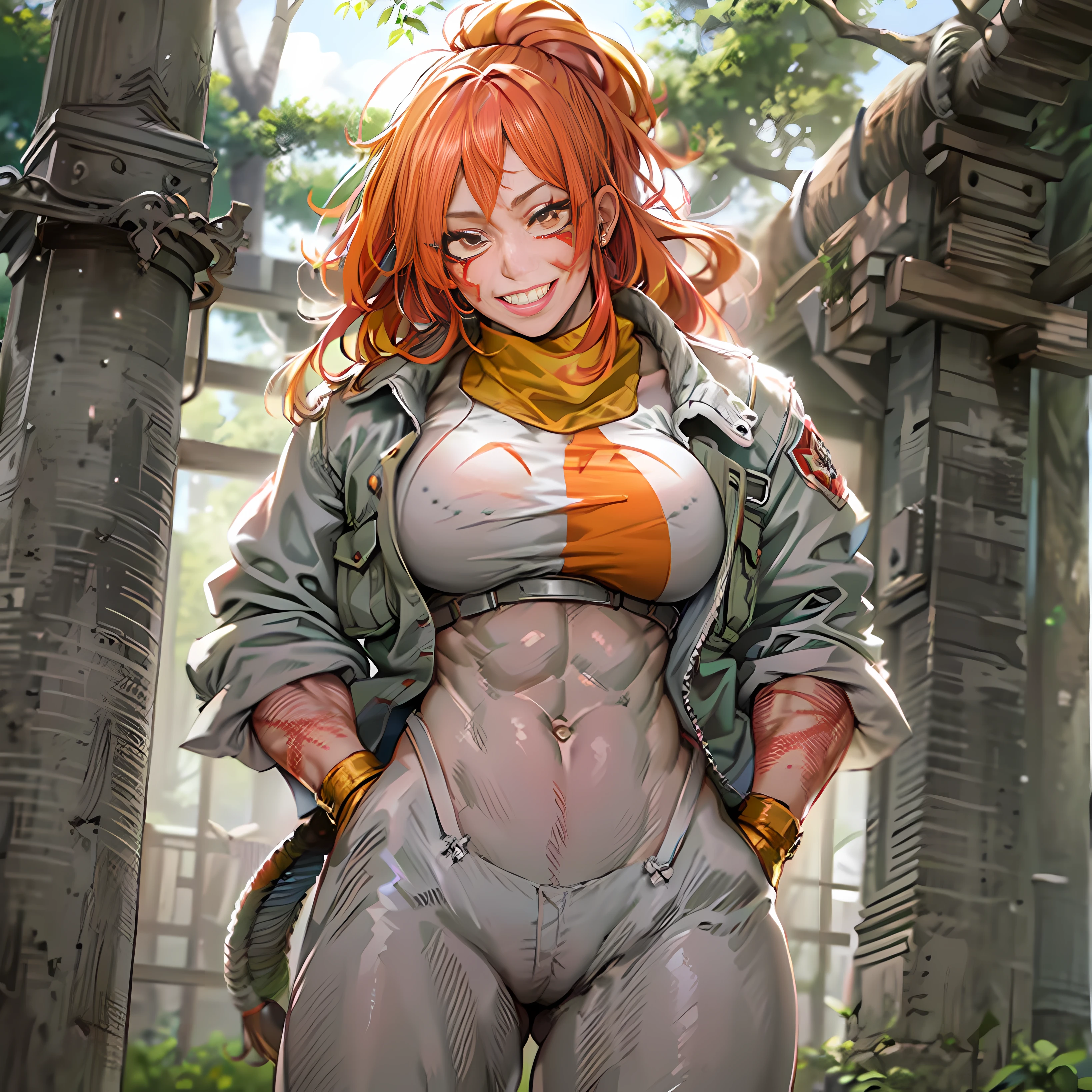 ((Masterpiece:1.3)), ((Best quality:1.4)), nous, Maintenant, grosse poitrine,bottes blanches, pantalon,manteau, Musclegirl, marche, sourire, cheveux longs, Contexte forestier, Ouest, portrait, Fuuma Kotaro, Tenkaichi, large muscular woman, orange Scarlet hair, veins on the muscles