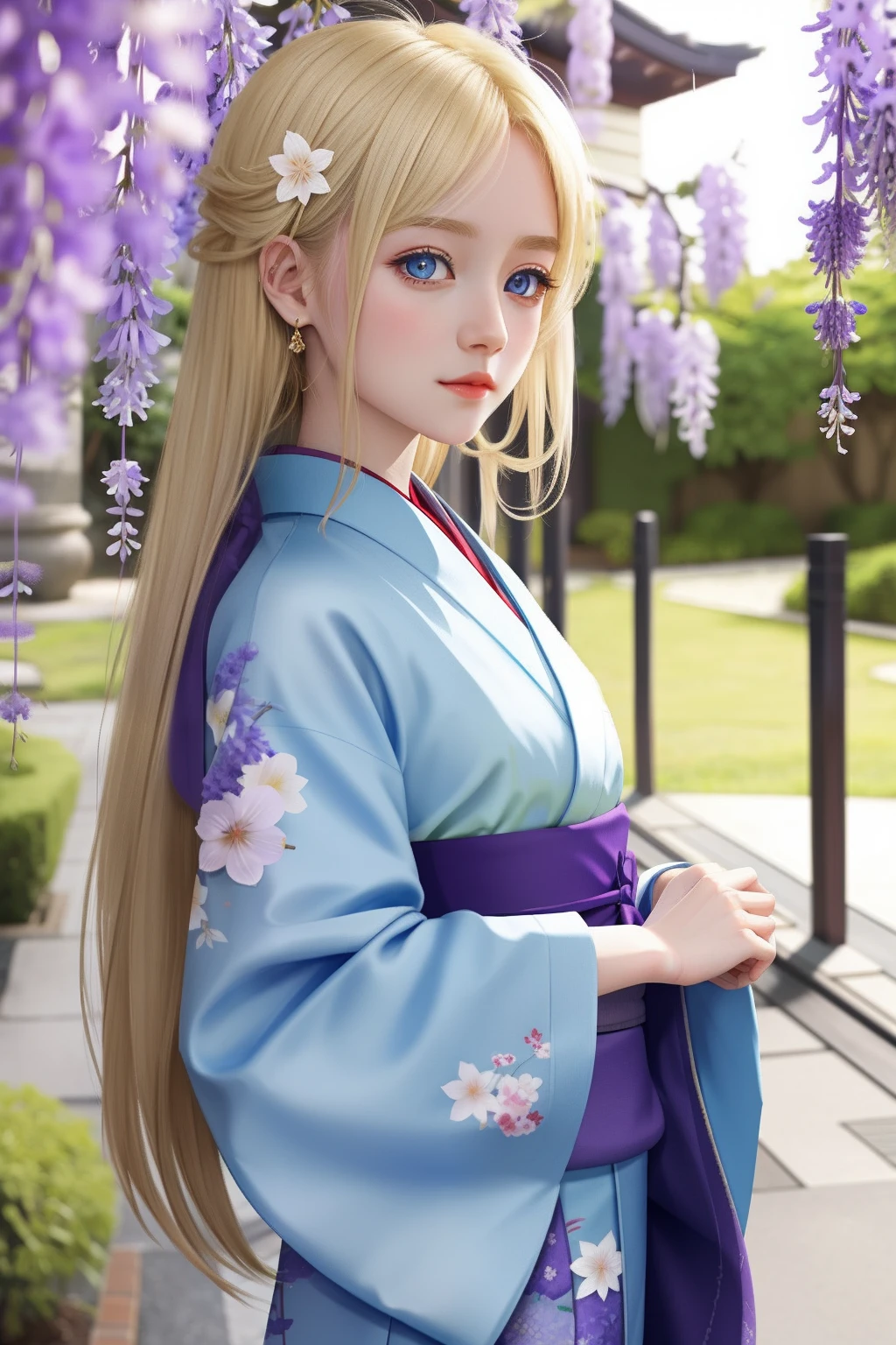 The blonde, blue-eyed looked at the wisteria in a gorgeous kimono