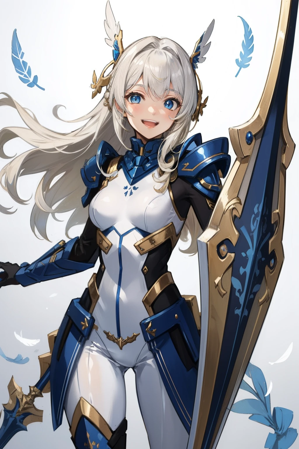 (master piece, Best Quality), Intricate details, valkyrie, kawaii, Happy smile, (((Laugh))), Hand up, Looking at Viewer, Feather Headgear, Flower meadow,
1 girl in, Solo, Portrait, Tentacle Plutinum Blonde Hair, droopy blonde eyes, Silver Single Thigh, White Independent Single Sleeve, gloves, Single braid,
mecha musume, White bodysuit, Silver Reinforced Suit, Mini Feather Wing, silver pantyhose, full armor, flower decoration, equip spear, equip shield