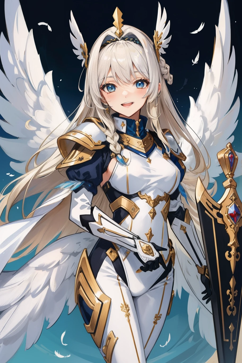 (master piece, Best Quality), Intricate details, valkyrie, kawaii, Happy smile, (((Laugh))), Hand up, Looking at Viewer, Feather Headgear, Flower meadow,
1 girl in, Solo, Portrait, Tentacle Plutinum Blonde Hair, droopy blonde eyes, Silver Single Thigh, White Independent Single Sleeve, gloves, Single braid,
mecha musume, White bodysuit, Silver Reinforced Suit, Mini Feather Wing, silver pantyhose, full armor, flower decoration, equip spear, equip shield