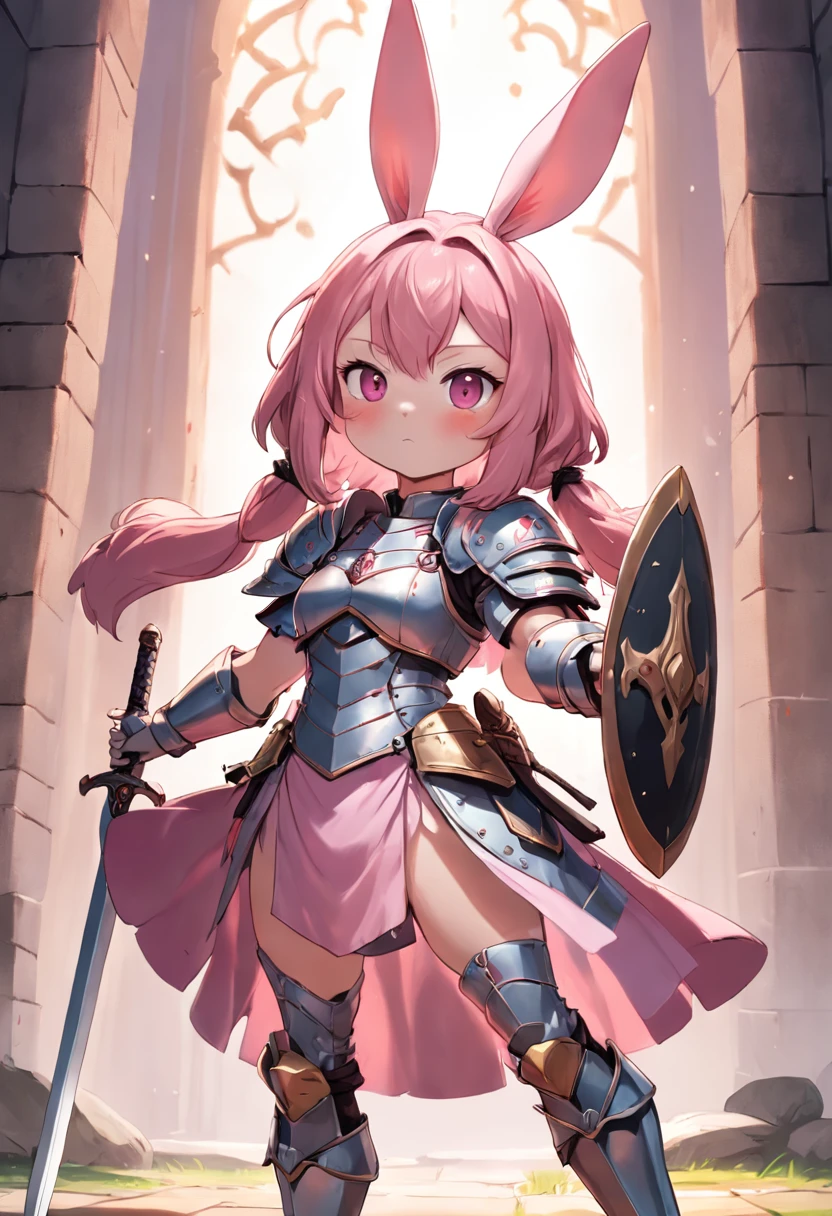 Drawing of a girl with a sword and rabbit ears, rabbit warrior, anthropomorphic warrior piglet, varguyart style, shining pink armor, inspired by Kanbun Master, full body commission for, bunny with helmet and sword, Official Character Art, official fan art, Medieval style characters, Commission for high resolution, she is ready to fight, Mirror on background, Mare
