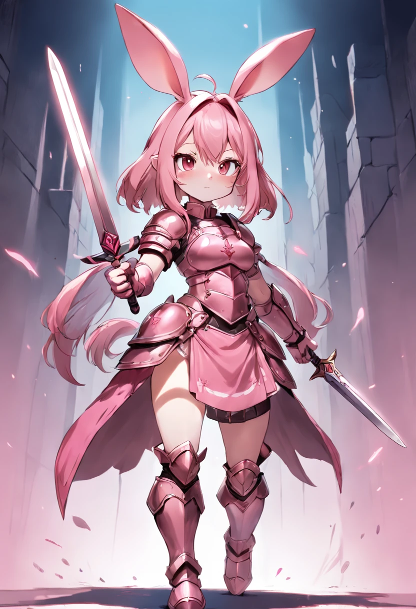 Drawing of a girl with a sword and rabbit ears, rabbit warrior, anthropomorphic warrior piglet, varguyart style, shining pink armor, inspired by Kanbun Master, full body commission for, bunny with helmet and sword, Official Character Art, official fan art, Medieval style characters, Commission for high resolution, she is ready to fight, Mirror on background, Mare