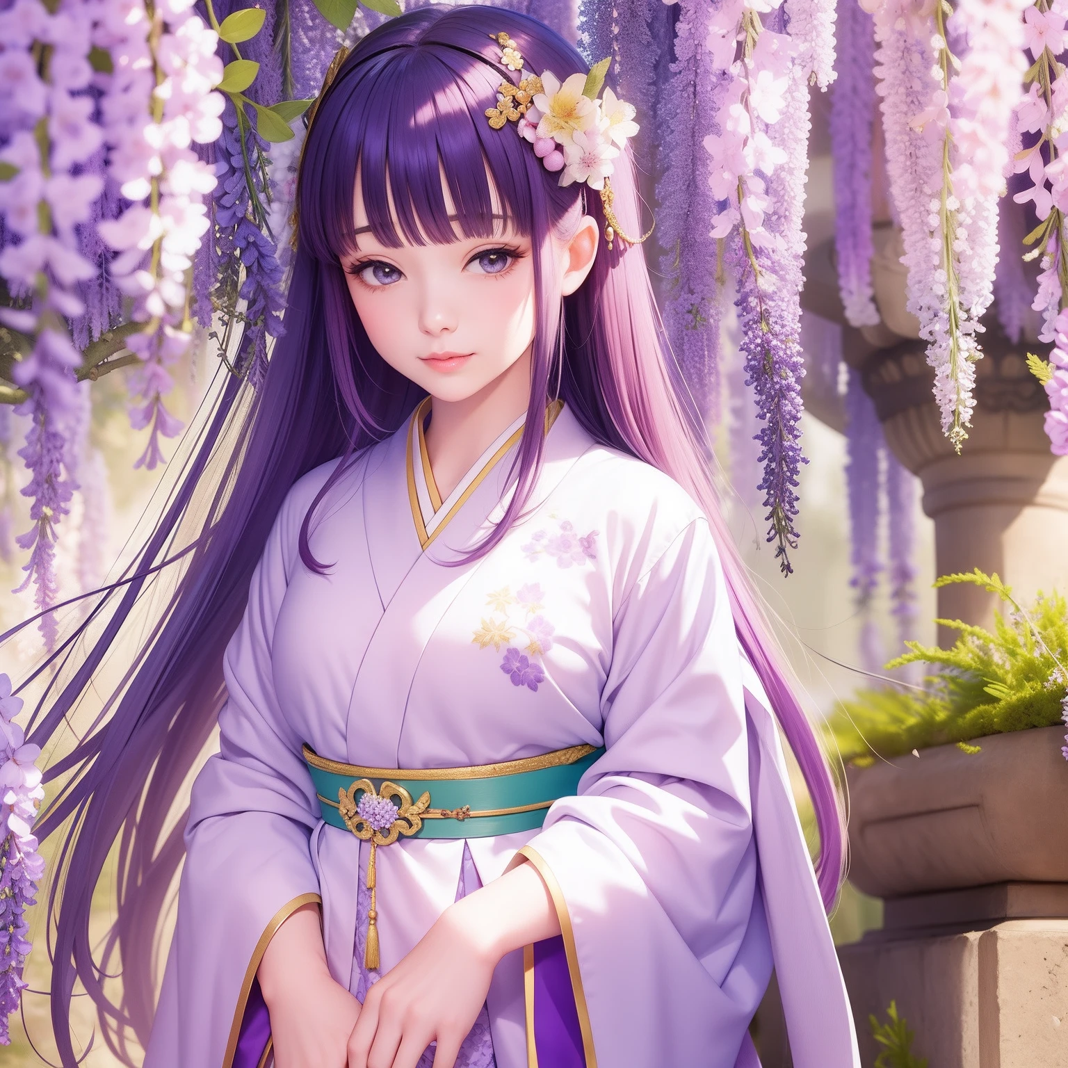 Princess of the Heian period of Japan，Stand under wisteria flowers，Holding a wisteria flower