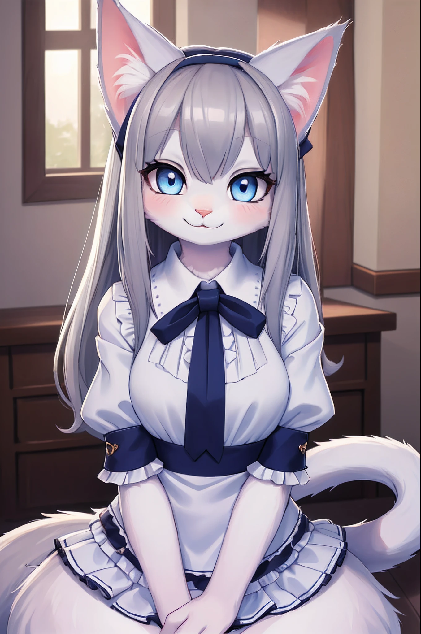 (hi res), ((masterpiece)) , ((best quality)), illustration, furry, 
cat, animal ears, tail, bodyfur, 1girl, POV, upper body, 1girl, solo, long hair, gray hair, *//*, blue eye, *//*, white blouse, looking at viewer, smile,