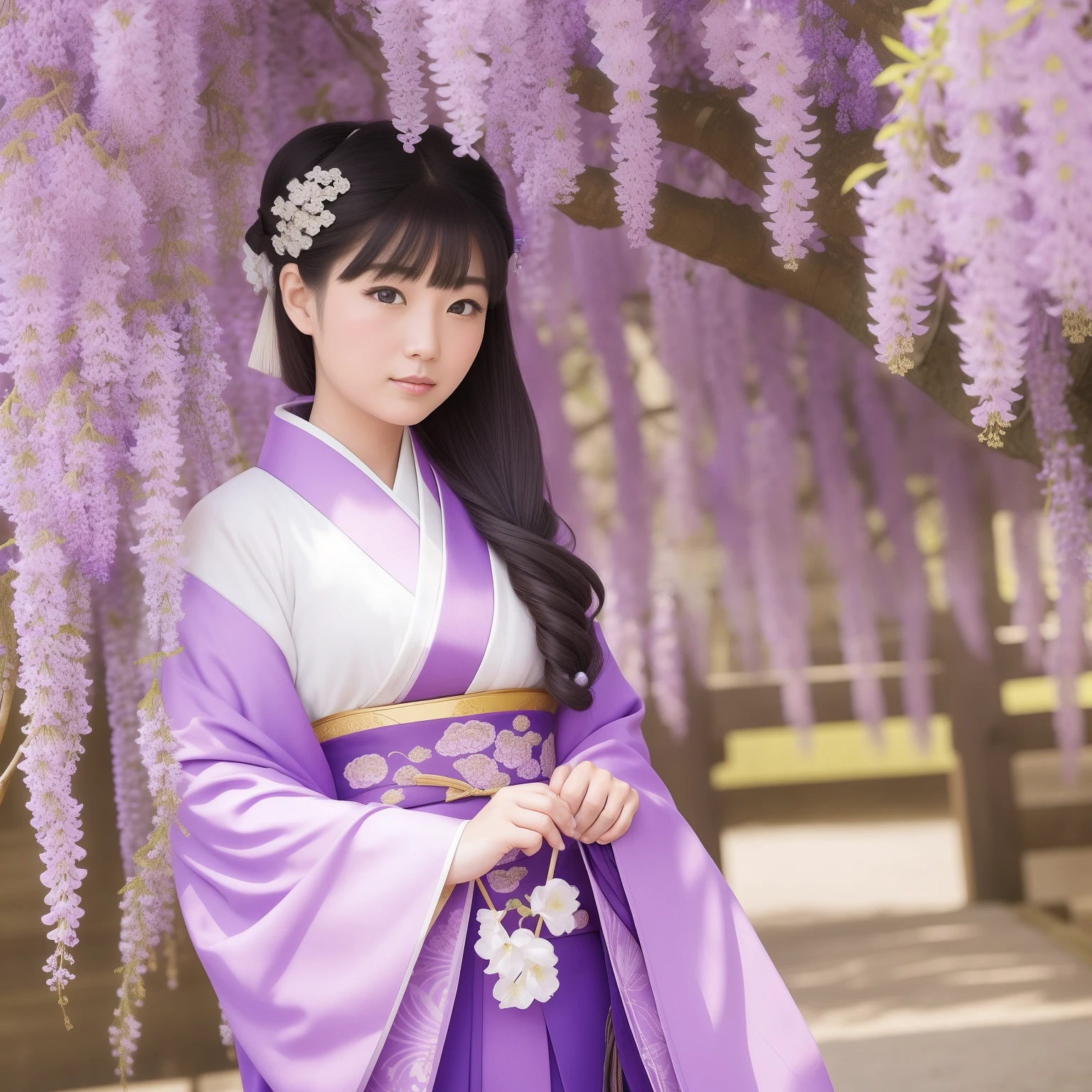 A princess of the Heian period in Japan,Stand under wisteria flowers,Holding a wisteria flower