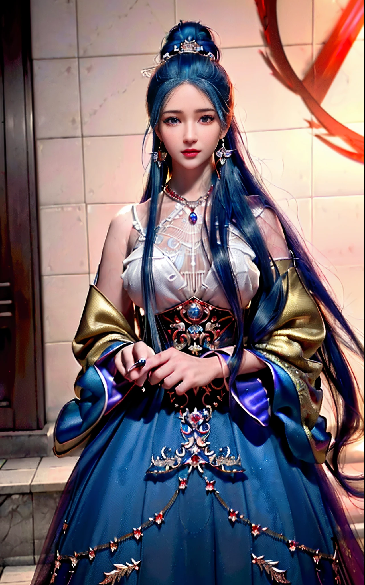 ((realisticity: 1.2)), ((realistic: 8K UHD)), ((best resolution: 8K UHD)), hyper detailed, best quality,masterpiece,highres,cg, ((1 girl hyper detailed and hyper realistic) ) , ((beautiful queen, hyper realistic and hyper detailed)),((white skin, beautiful, smooth, youthful, hyper realistic and hyper detailed )), ((Face hyper beautiful, white, hyper realistic and hyper detailed ) ), long hair, ((hyper realistic and hyper detailed dress)), solo, ((hyper realistic, hyper beautiful, beautiful and hyper detailed jewelry)), ((hyper beautiful deep red and golden yellow dress, hyper realistic and hyper detailed )) , ((Her pretty, hyper realistic, hyper detailed diamond filled earrings)), ((Her gorgeous diamond haircut, hyper realistic and hyper detailed)), ((hyper pretty upper body, hyper beautiful, hyper realistic and hyper detailed) ), ((medium breast: 1.1)), ((hyper realistic, hyper pretty, hyper detailed boobs)), ((the backgroun of the royal palace is hyper majestic, hyper realistic and hyper detailed)),((hands and palms hyper beautiful, hyper detailed, hyper realistic)), ((hyper detailed and hyper realistic fingers and fingernails)), ((hyper pretty fingernails, hyper vivid, hyper detailed, hyper realistic)), ((thumb, index finger, middle finger, ring finger, little finger hyper vivid, hyper pretty, hyper detailed, hyper realistic)),
((hyper beautiful fingers, hyper detailed, and hyper realistic)), ((posture not too fat and not too thin, hyper realistic, hyper detail)), ((hyper pretty, hyper pretty, hyper realistic and hyper detailed hair bun)), ((hyper pretty , hyper realistic and hyper detailed blue hair)), candid, Photo, high resolution, 8k , bokeh,