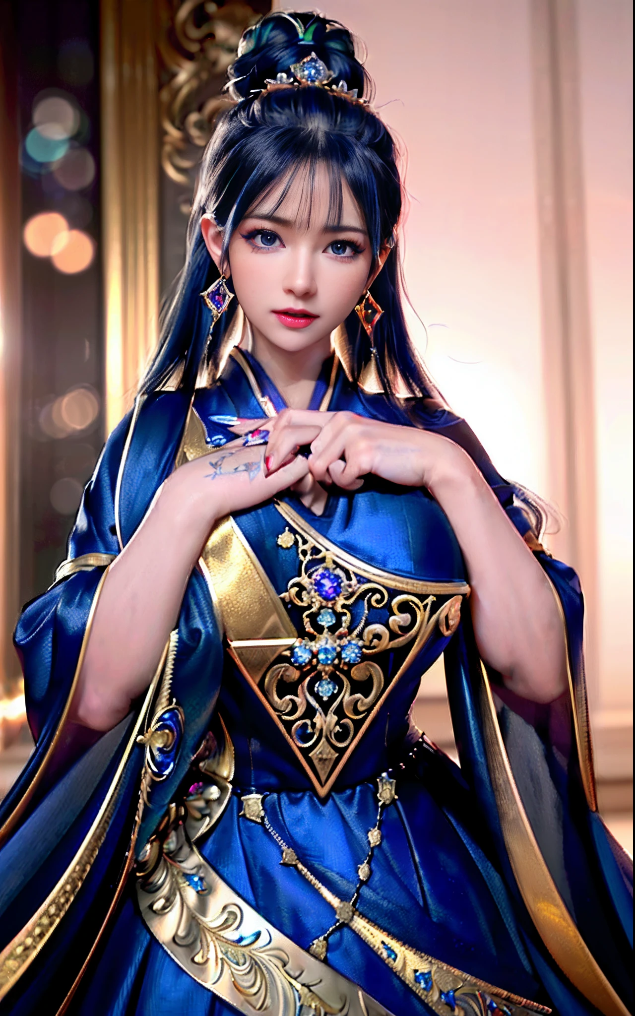 ((realisticity: 1.2)), ((realistic: 8K UHD)), ((best resolution: 8K UHD)), hyper detailed, best quality,masterpiece,highres,cg, ((1 girl hyper detailed and hyper realistic) ) , ((beautiful queen, hyper realistic and hyper detailed)),((white skin, beautiful, smooth, youthful, hyper realistic and hyper detailed )), ((Face hyper beautiful, white, hyper realistic and hyper detailed ) ), long hair, ((hyper realistic and hyper detailed dress)), solo, ((hyper realistic, hyper beautiful, beautiful and hyper detailed jewelry)), ((hyper beautiful deep red and golden yellow dress, hyper realistic and hyper detailed )) , ((Her pretty, hyper realistic, hyper detailed diamond filled earrings)), ((Her gorgeous diamond haircut, hyper realistic and hyper detailed)), ((hyper pretty upper body, hyper beautiful, hyper realistic and hyper detailed) ), ((medium breast: 1.1)), ((hyper realistic, hyper pretty, hyper detailed boobs)), ((the backgroun of the royal palace is hyper majestic, hyper realistic and hyper detailed)),((hands and palms hyper beautiful, hyper detailed, hyper realistic)), ((hyper detailed and hyper realistic fingers and fingernails)), ((hyper pretty fingernails, hyper vivid, hyper detailed, hyper realistic)), ((thumb, index finger, middle finger, ring finger, little finger hyper vivid, hyper pretty, hyper detailed, hyper realistic)),
((hyper beautiful fingers, hyper detailed, and hyper realistic)), ((posture not too fat and not too thin, hyper realistic, hyper detail)), ((hyper pretty, hyper pretty, hyper realistic and hyper detailed hair bun)), ((hyper pretty , hyper realistic and hyper detailed blue hair)), candid, Photo, high resolution, 8k , bokeh,