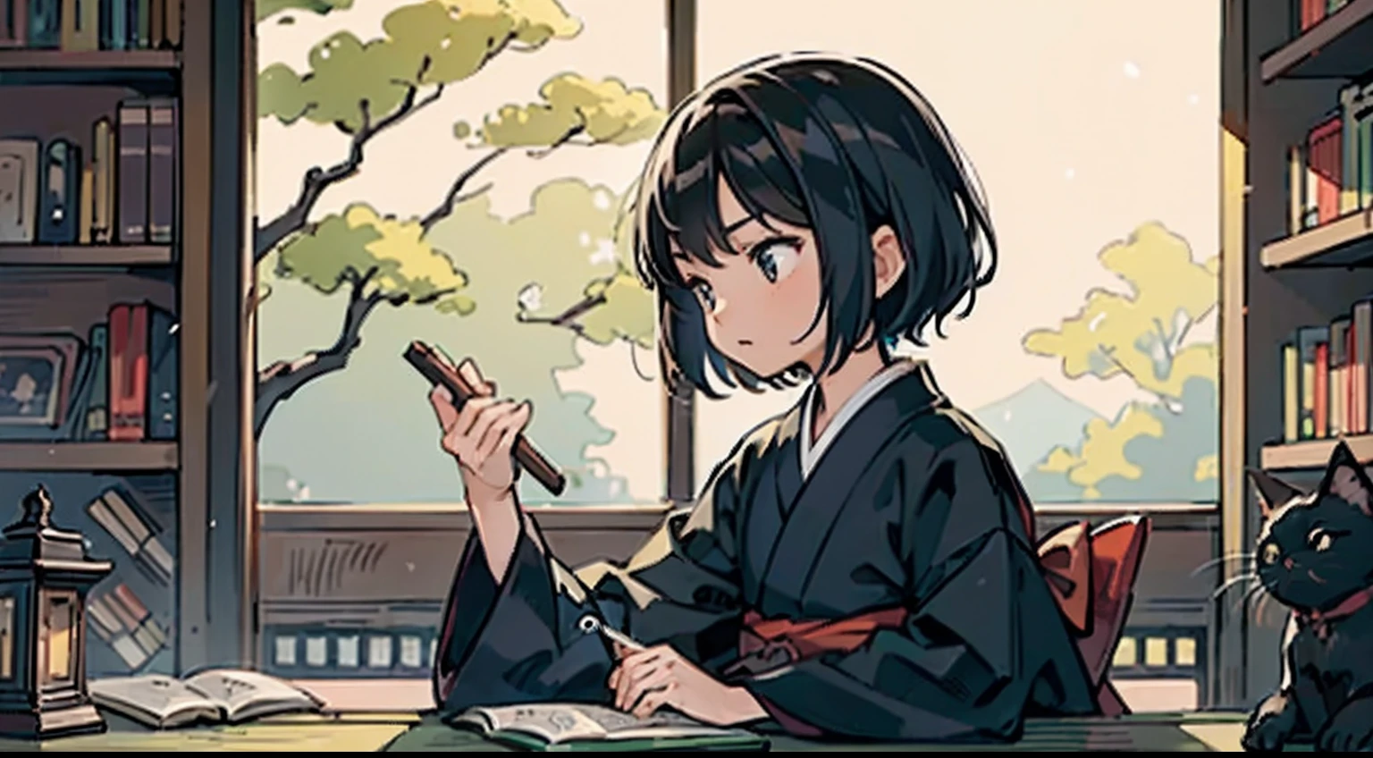#Quality (intricate-detail、ultra-detailliert:1.2,cinematic shot),
#night sky (darkness of night,no light),
#one writing boy (16 male、writer,Honor Students、A dark-haired、short-hair、hakama,sit flat),
#black room at night (no light,black cat,books on desk,one candle,pretty tatami,a lot of books,bookshelf)