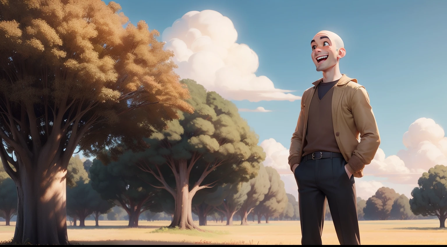`(bald:0.9) (male character) (brown eyes) (brown clothes) (no hair) (no beard) (laughing a lot) (full body) (a field with trees) (sunny sky background) (Disney Pixar cartoon style)`