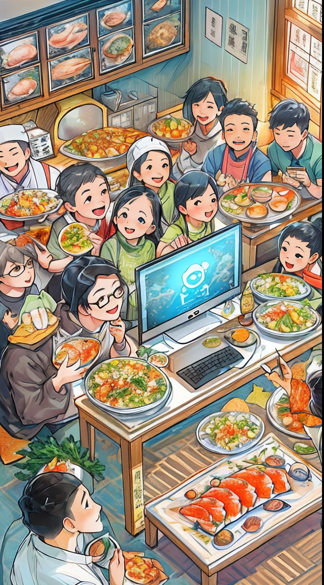 An enthusiastic group of foodies sitting in front of the computer, watching seafood food videos with anticipation and excitement, surrounded by images of ingredients and delicious food, ,in the style of the stars art group xing xing, 32k, best quality, masterpiece, super detail, high details