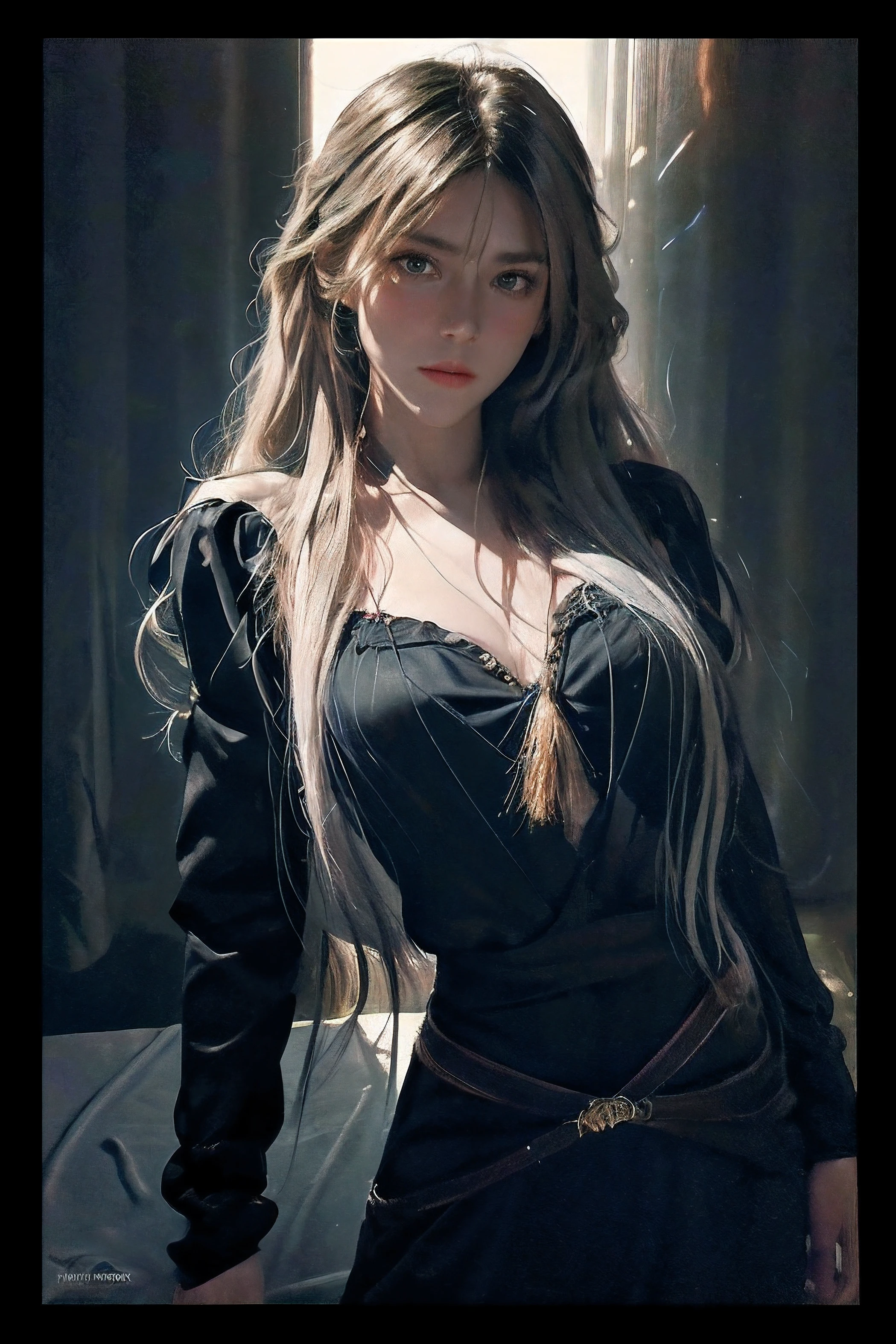 (front focus), (in the dark:1.6), Hyperrealist portrait of female by david hockney and alphonse mucha, fantasy art, photo realistic, dynamic lighting, artstation, poster, volumetric lighting, very detailed faces, 4 k, award winning, 1girl, in the dark, deep shadow, low key, cowboy shot, (official clothing:1.4), long hair, white hair