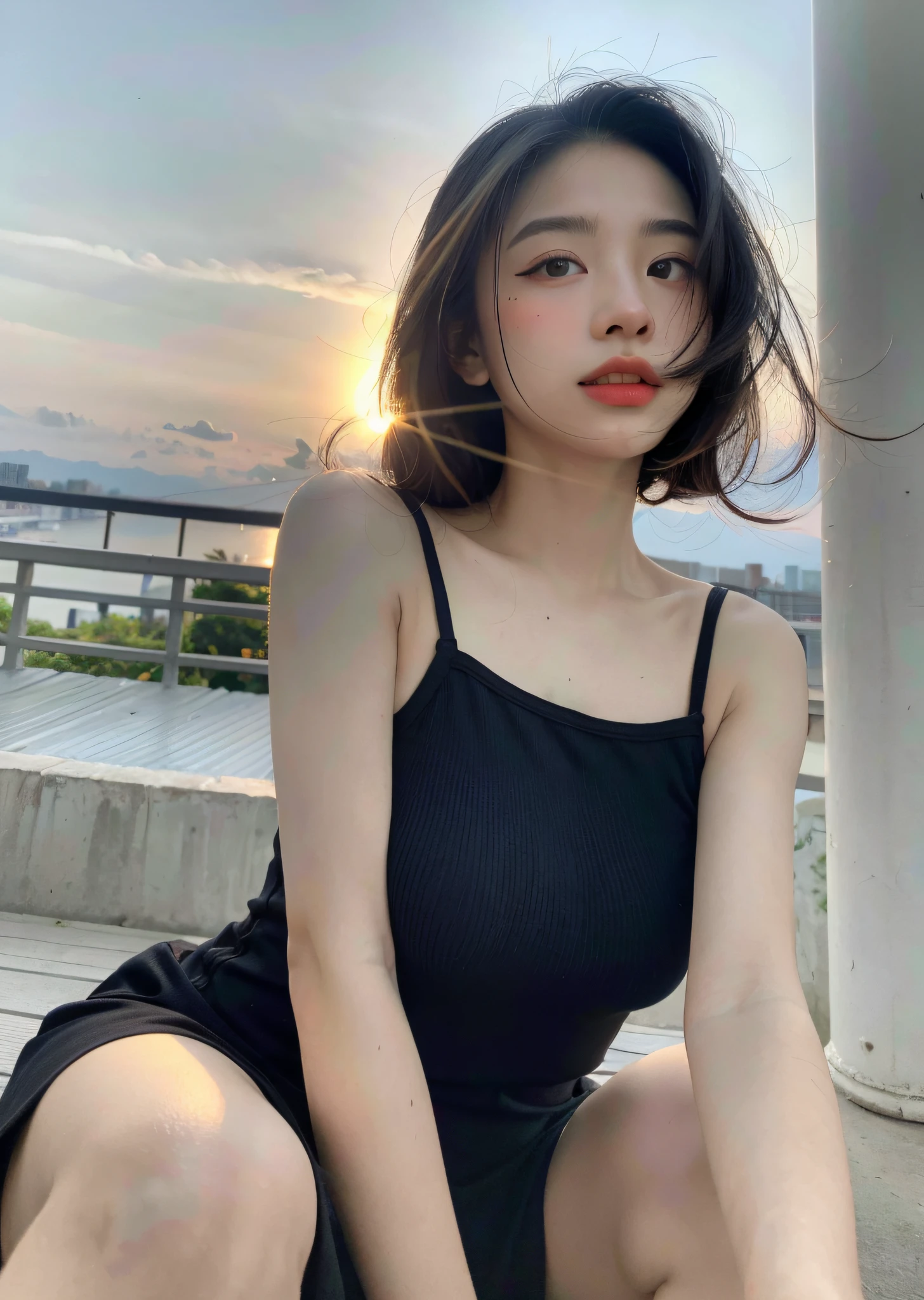 ((Highest quality, portrait, masterpiece, 8K wallpaper: 1.3)), perfect figure, beautiful face, delicate eyes, nosebleeds, large (dark brown hair, long hair, long legs, roof, city view, open legs, raised legs, left and right knees apart, sitting position, seductive indecent pose