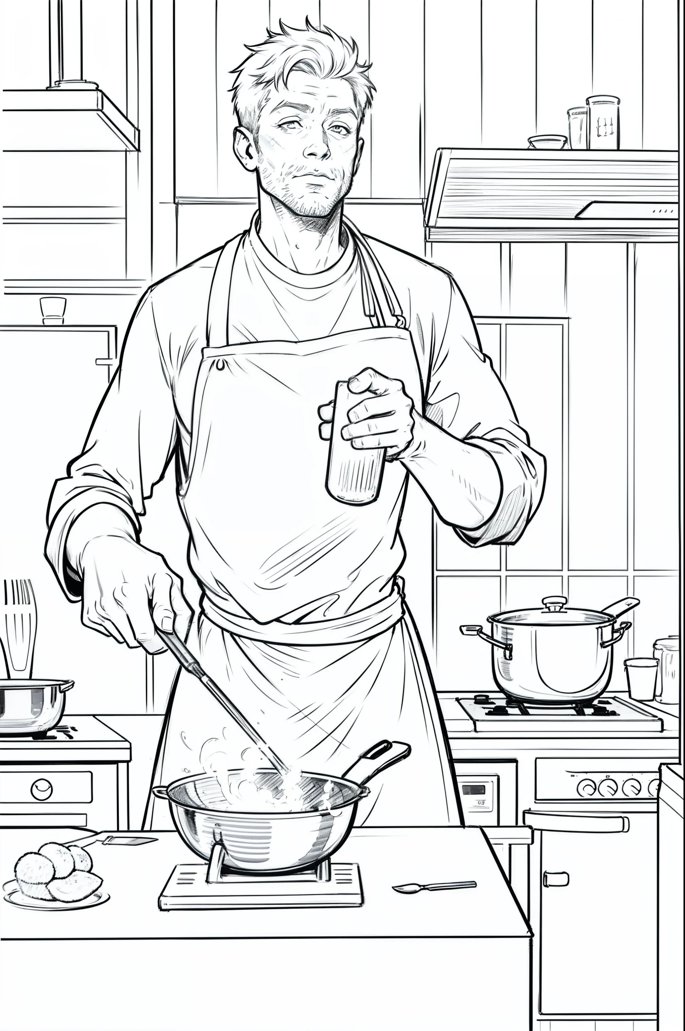 Sketch of a MAN COOKING , imagem com fundo branco, line-art digital
