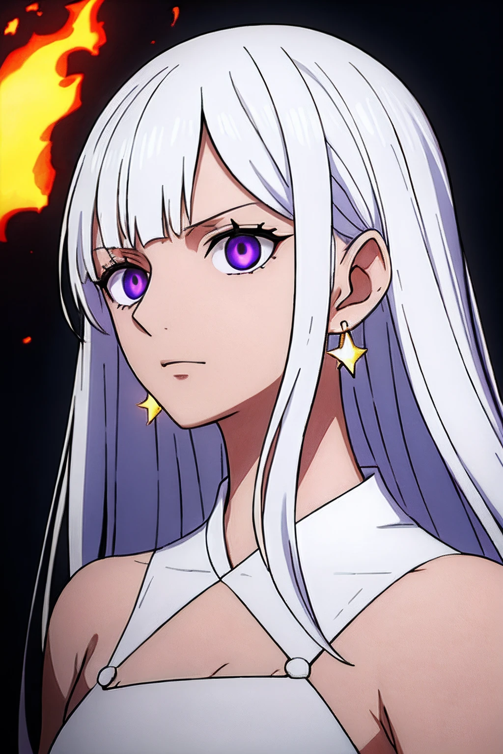 1girl, wanostyle, blanc_hair, firey, A girl with white hair and blue eyes wearing a white dress and black wings in front of a dark background with fire behind her, bare shoulders, closed mouth, Dark-skinned female, (Dark skin), hoop earrings, long hair, looking at the scenes, purple eyes, Star-shaped eyes, 独奏, Upper body, White hair, (((巨作))), ((Best Quality)), (A highly detailed), watercolor, illustration, Depth-of-field, drawing, Dark dense shadows, sharp focus, soft lighting, hdr, Colored, good composition