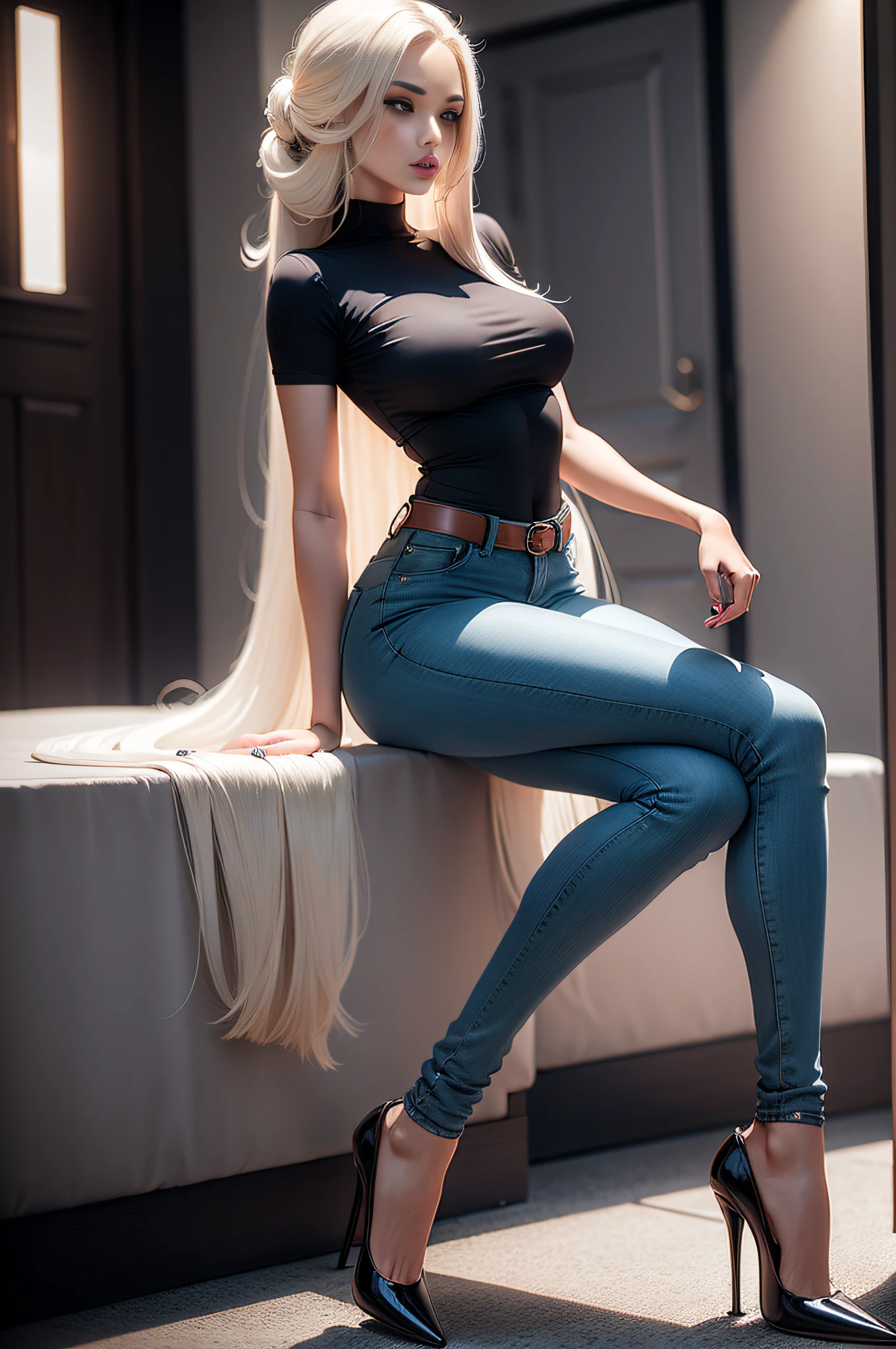 Elegant woman with long hair and high heels skinny jeans and tight shirt woman long hair high heels.