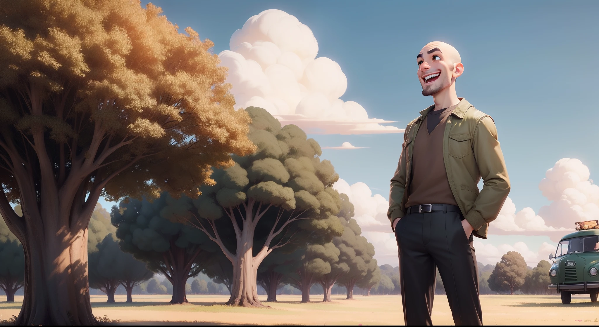`(bald:0.9) (male character) (brown eyes) (brown clothes) (no hair) (no beard) (laughing a lot) (full body) (a field with trees) (green car kombi)(sunny sky background) (Disney Pixar cartoon style)`