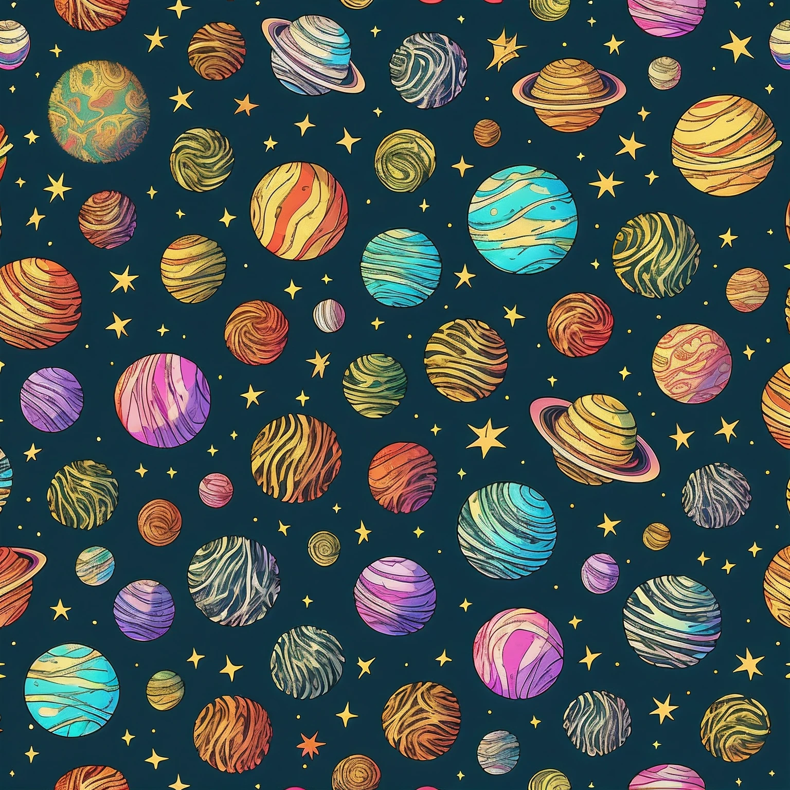 Seamless patterns of planets and stars, cosmic design, repeating patterns design, fabric art, flat illustration, rainbow-core, highly detailed clean, vector image, photorealistic masterpiece, professional photography, simple field background, isometric, bright vector, Mercury Saturn Jupiter