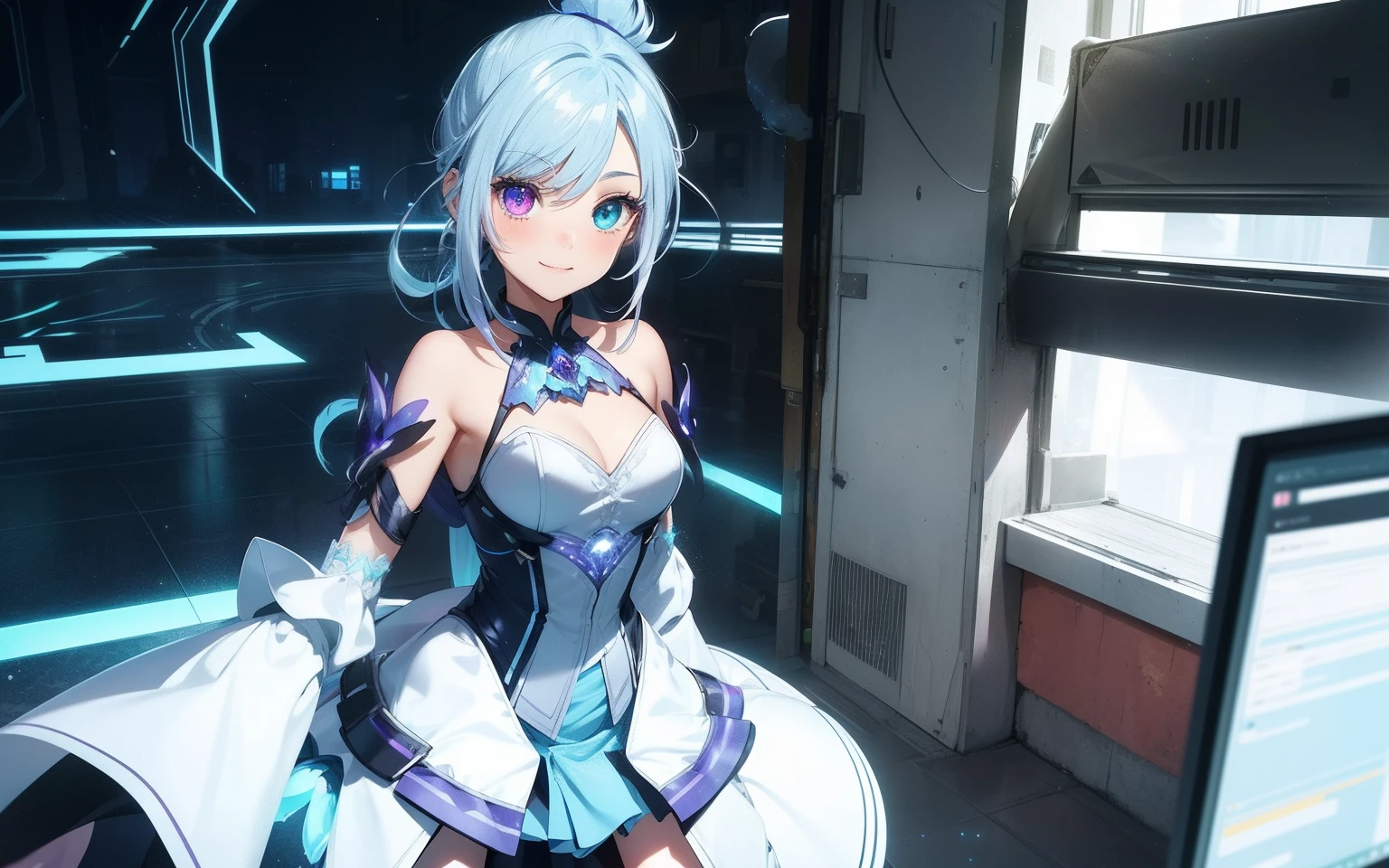 top-quality, Photorealsitic, ultra-detailliert, Delicate, orderly, high detailing,, 10 years old, Embarrassing, Smile, slender, Cowboy Shot, Blurred background, (Girl in 1: 1.4), Dynamic Angle, (bioluminous hair, Glowing eyes: 1.2), Ambient Occlusion, ambient lights, ray tracing reflection, Glow, glowing aura, Glowing hair,bluish-silver ponytail, (Drooping heterochromia iris:1.3),