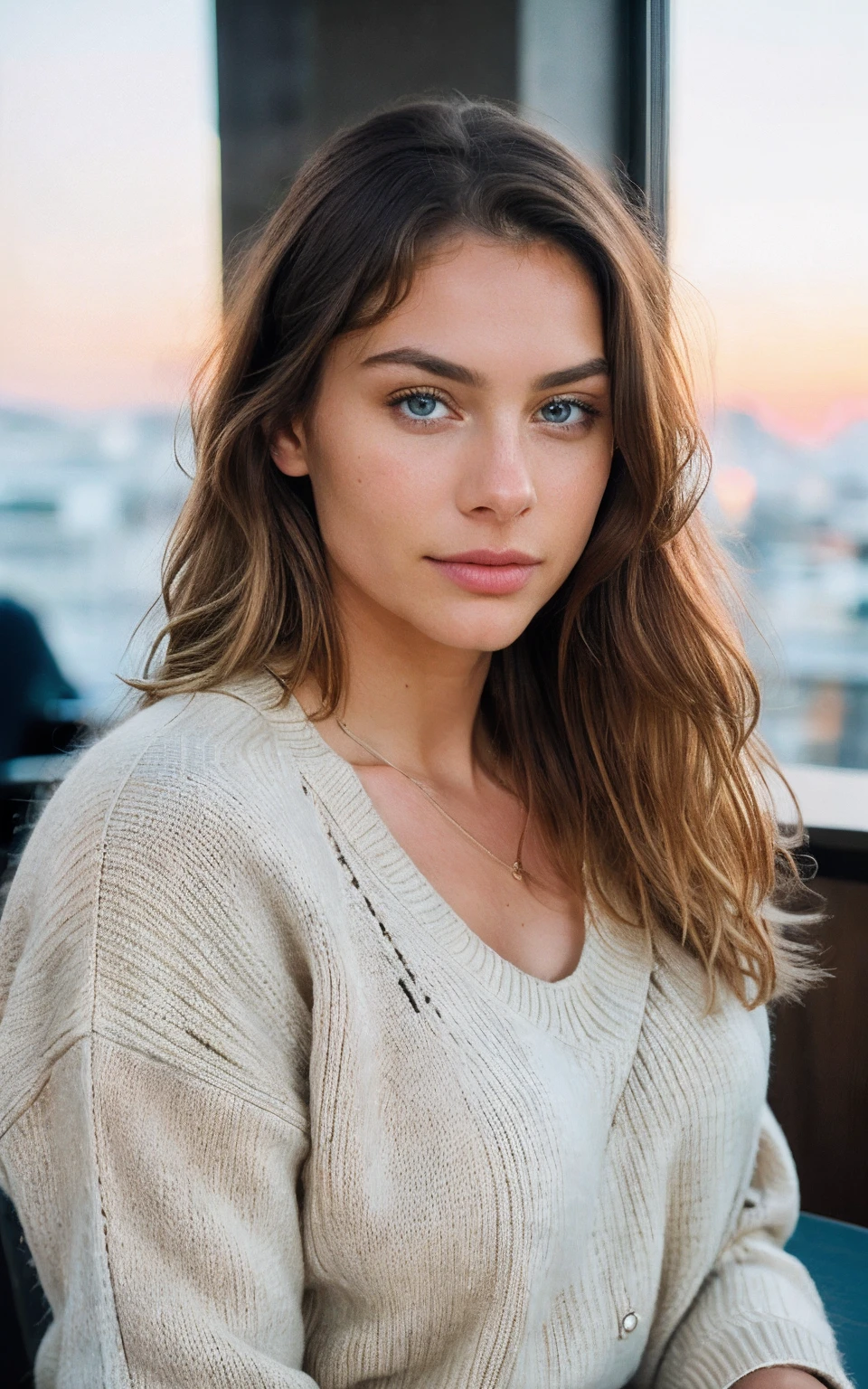 beautiful blonde wearing beige sweater (sipping coffee inside a modern café at sunset), very detailed, 21 years old, innocent face, natural wavy hair, blue eyes, high resolution, masterpiece, best quality, intricate details, highly detailed, sharp focus, detailed skin, realistic skin texture, texture, detailed eyes, professional, 4k, charming smile, shot on Canon, 85mm, shallow depth of field, kodak vision color, perfect fit body, extremely detailed, foto_\(ultra\), photorealistic, realistic, post-processing, maximum detail, roughness, real life, ultra realistic, photorealism, photography, 8k uhd, photography