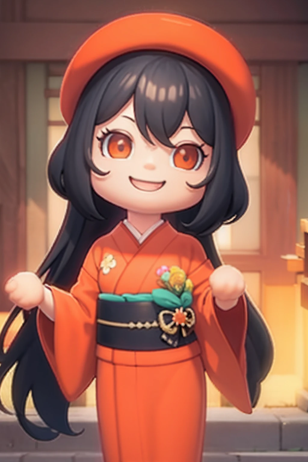 masterpiece, best quality,  (chibi:1.2), black long hair, smile, orange eyes, kimono, 3d model