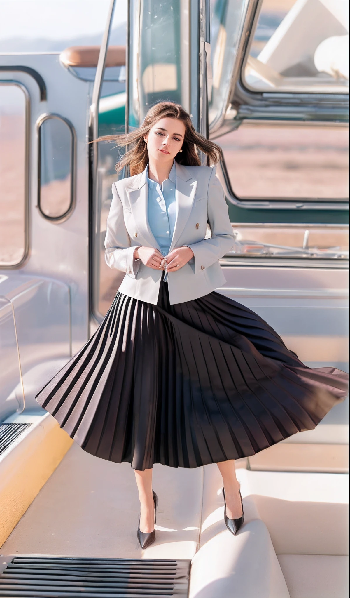 year 1994, lesbian space therapist, very (flirty:1,5) smiling good women wearing a short blazers and very very detailed (long (fully pleated) full circle skirts) and (simple) low heeled office shoes, very very intricate hyper-detailed symmetric (attractive graceful young feminine faces) with (sad, tired eyes and a shy smile), large breasts, full of empathy and compassion and love, (pronounced (feminine) features), (highly detailed ultra accurate realistic) hands and fingers, (windy conditions and wind blowing), epic composition, highly detailed attributes, highly detailed atmosphere, (35mm f1.4 Kodak portra 400 photograph), extremely high quality RAW photograph,