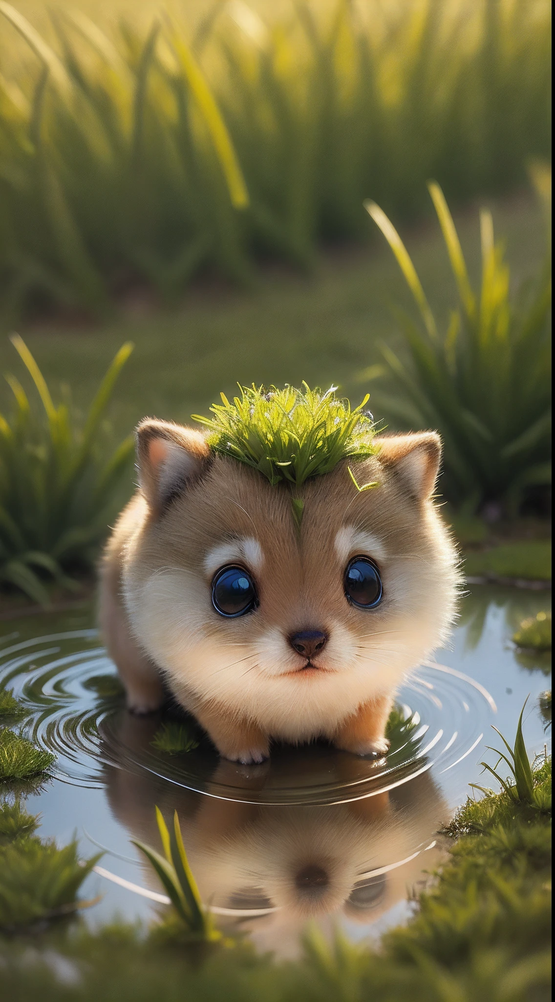 Early morning atmosphere, beautiful natural landscape, thick grass, macro photography in the grass, dew drops with reflection, very small cute creatures in macro photography scurrying in the grass about their little business, macro photography, a lot of small furry creatures, small furry things