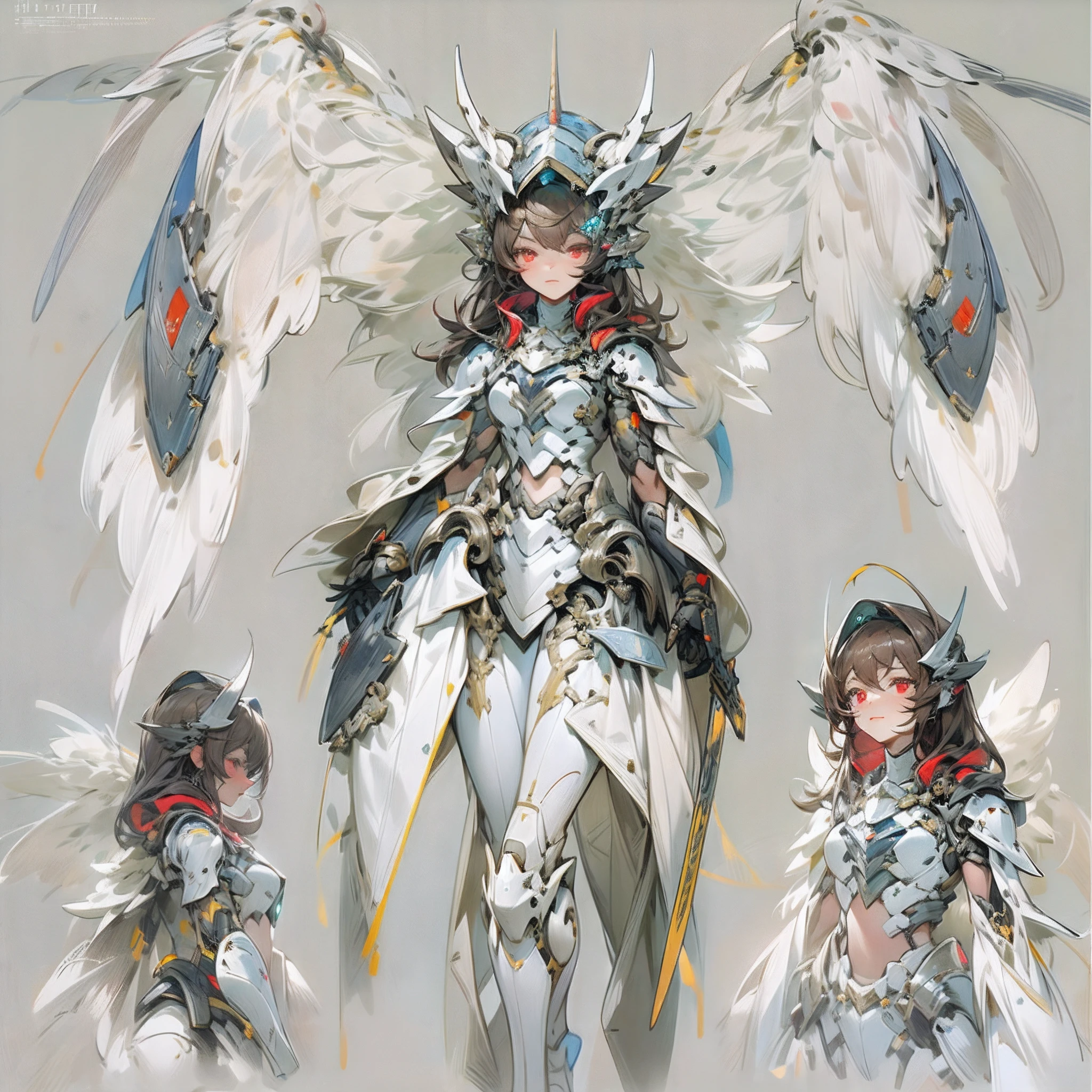 ((Masterpiece, Highest quality)), Detailed face, CharacterDesignSheet， full bodyesbian, Full of details, Multiple poses and expressions, Highly detailed, Depth, Many parts，beuaty girl，cinmatic lighting，（kosmos），（clutching a sword：1.3），with light glowing，Armour，1girll，beauitful face，Red eyes，glowing light eyes，mechs，long white robe，large wings，