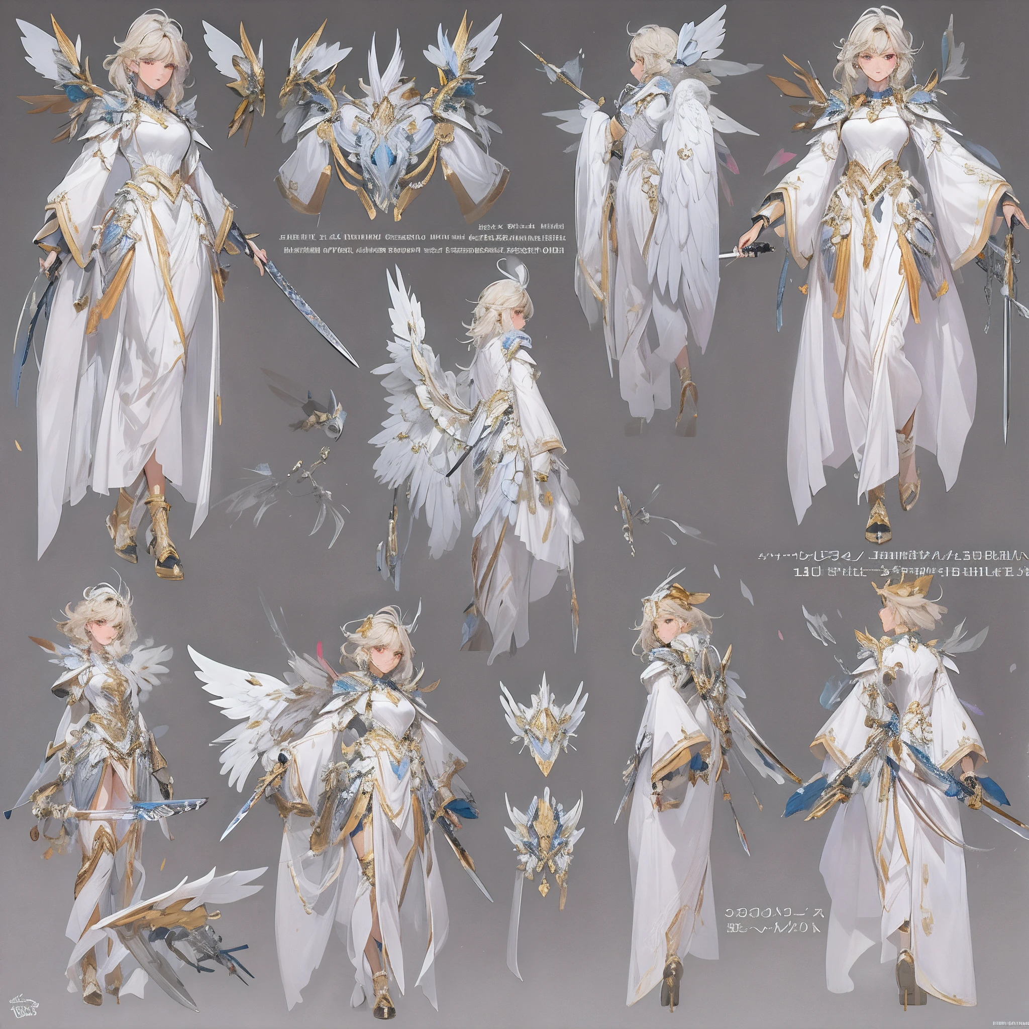 ((Masterpiece, Highest quality)), Detailed face, CharacterDesignSheet, full bodyesbian, Full of details, Multiple poses and expressions, Highly detailed, Depth, Many parts,beuaty girl,cinmatic lighting,(kosmos),(clutching a sword:1.3),with light glowing,armour,1girll,beauitful face,Red eyes,glowing light eyes,mechs,long white robe,large wings,