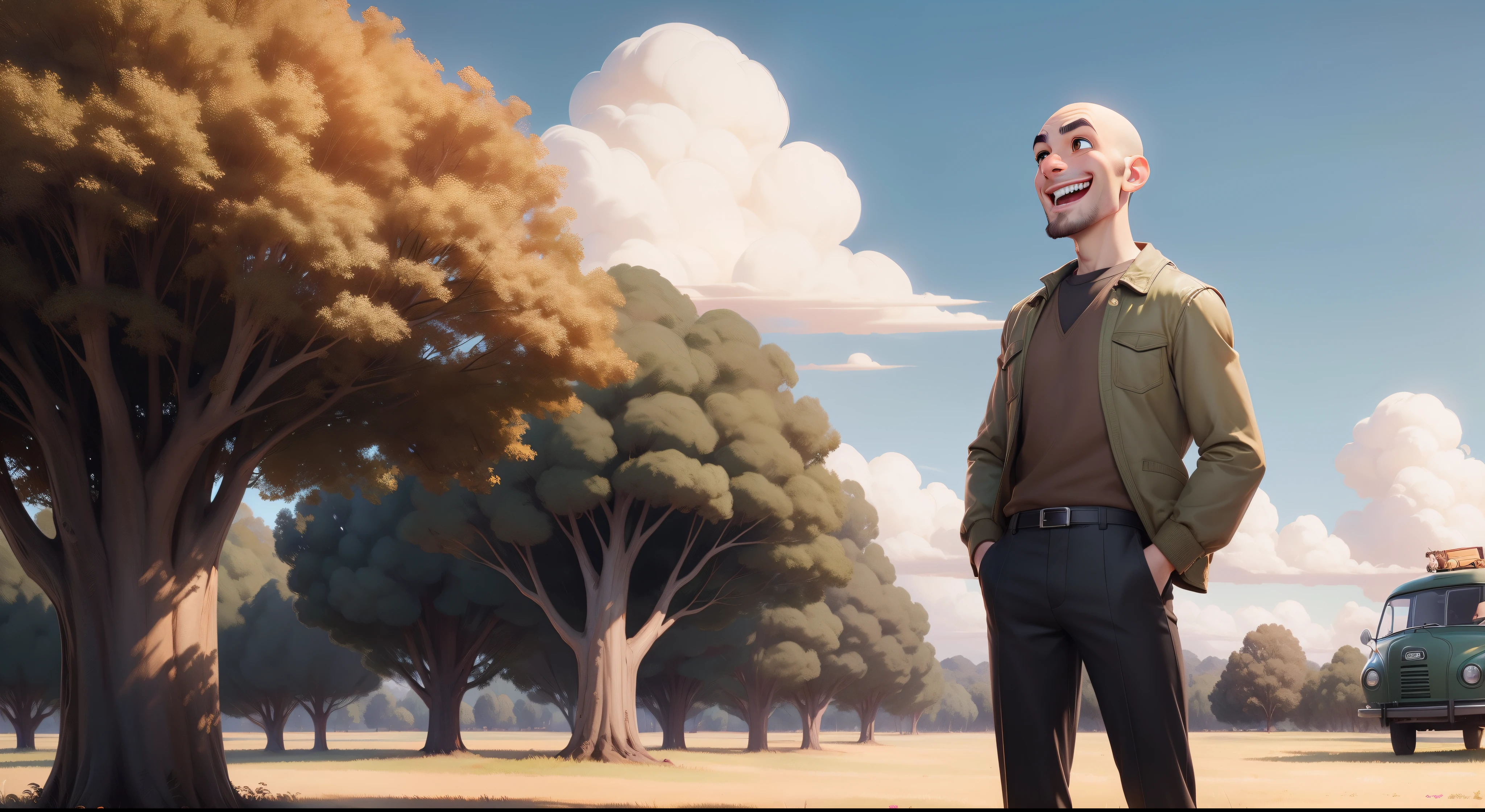 `(bald:0.9) (male character) (brown eyes) (brown clothes) (no hair) (no beard) (laughing a lot) (full body) (a field with trees) (green car kombi)(sunny sky background) (Disney Pixar cartoon style)`
