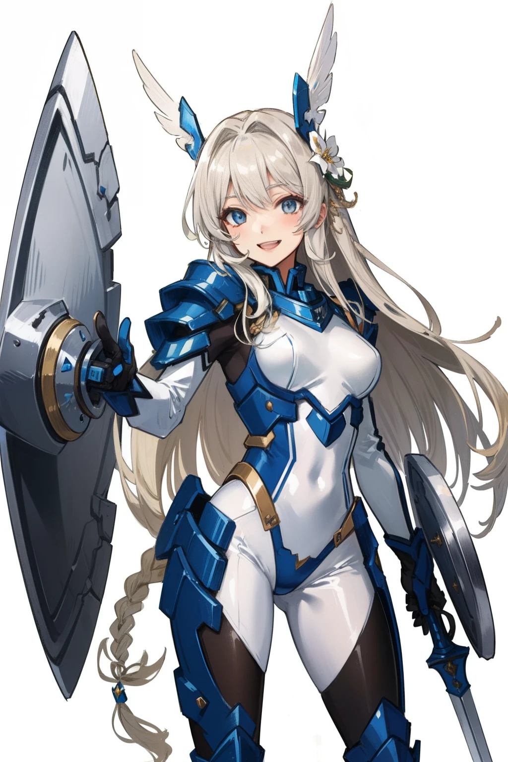 (master piece, Best Quality), Intricate details, valkyrie, kawaii, Happy smile, (((Laugh))), Hand up, Looking at Viewer, Feather Headgear, Flower meadow,
1 girl in, Solo, Portrait, Tentacle Plutinum Blonde Hair, droopy white eyes, Silver Single Thigh, White Independent Single Sleeve, gloves, Single braid,
mecha musume, White bodysuit, Silver Reinforced Suit, Mini Feather Wing, silver pantyhose, full armor, flower decoration, equip sword, equip shield
