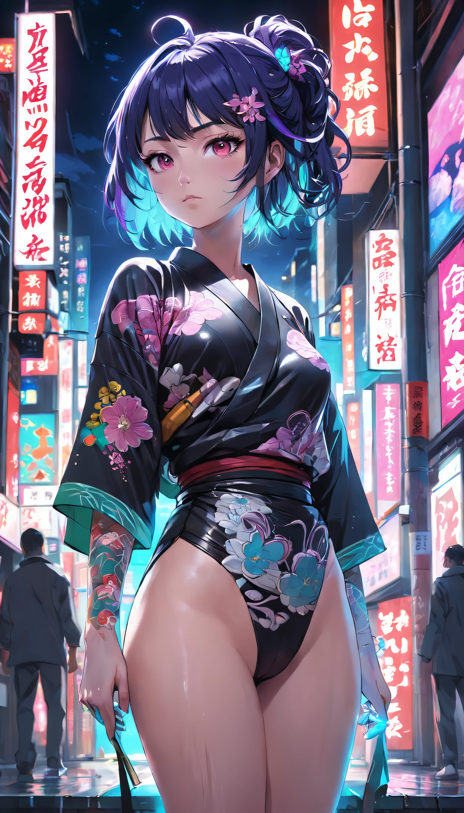 Perfect work by Nozomi Sasaki, cheveux s courts, Kimono ouvert blanc, Fully body tattoos, visage grave, In action cinema pose looking into the camera. Art vectoriel 3D. composition de tendance. vibrating side lighting, centered in a, Technicolor Cyberpunk Detailed Cityscape. Neon by night. Masterpiece, Best quality, Layered lighting