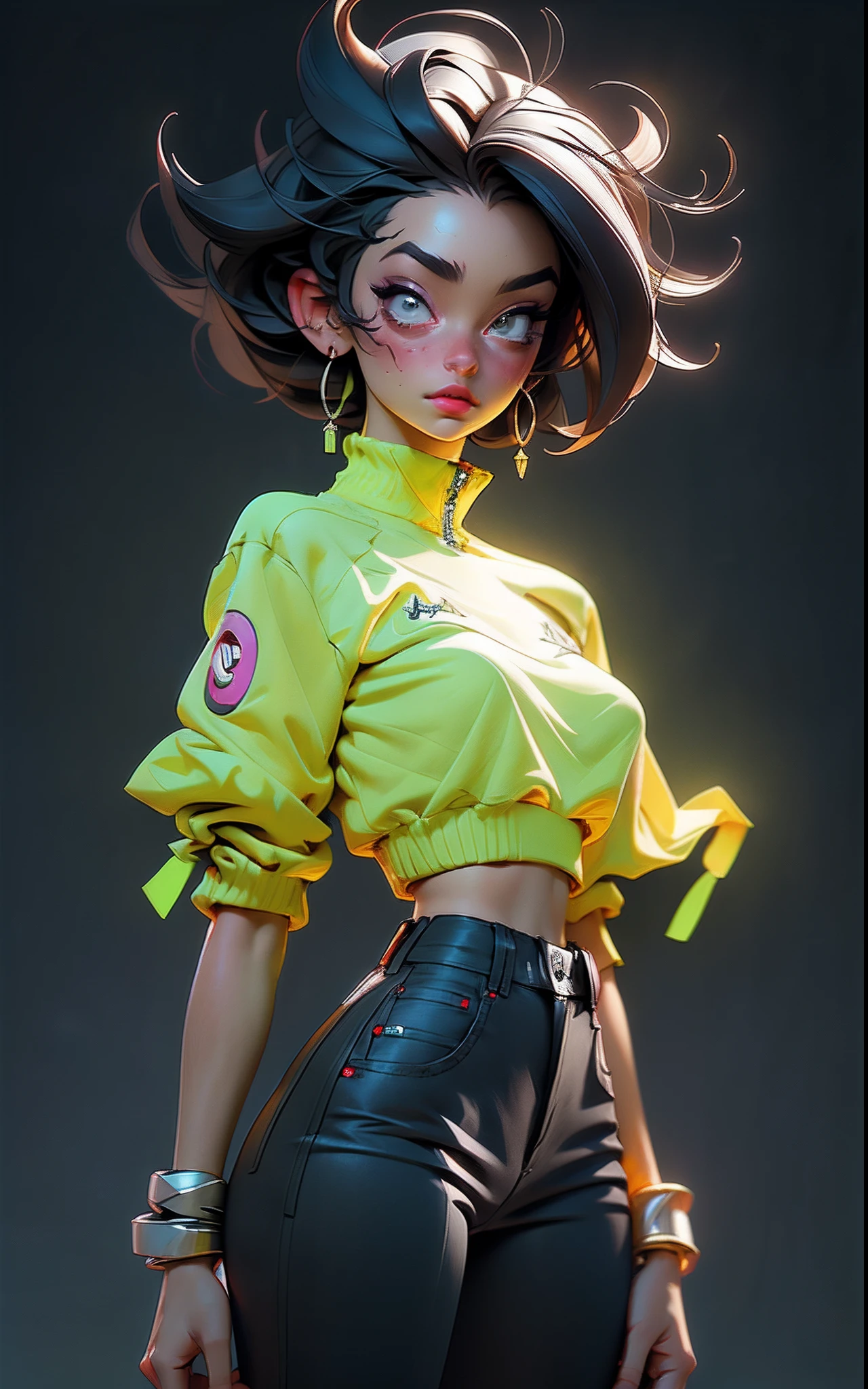 verde: 1.5, cinza: 1.1, Branco: 1.3, amarelo: 1.3, (rapper com cabelo Draw pavor), tatuagens, (roupas puffer do poder: 1.2), flor, folhas, Muito nevoeiro, linhas, background circles.