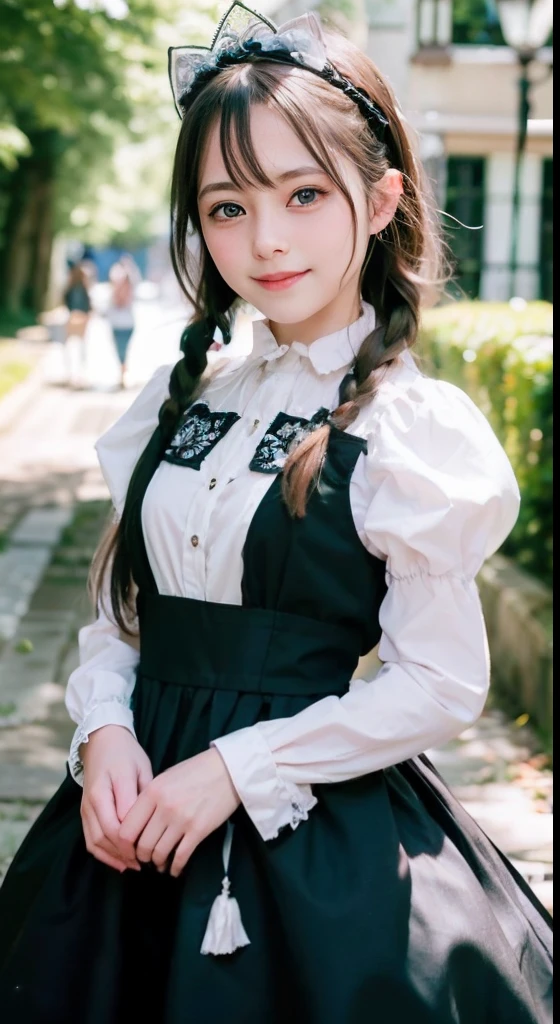 (ultra-detailliert), Cute princess dresses in black color,(frilly dress),(shortsleeves),Blue eyes,The upper part of the body、a closeup、faces、(A smile:1.5),(facing front:1.2), 20yr old, teens girl,no tail,(no tail),2D, ​masterpiece, top-quality, animesque, A detailed eye, A detailed face, girl with, Only 1 person,Brown Hair Medium Hair, (Brown hair),  Ear Hair, small tits, Single braid, (Single braid), (Side braid), Pink ribbon, Ribbon around the neck, (White sleeves), Background bokeh