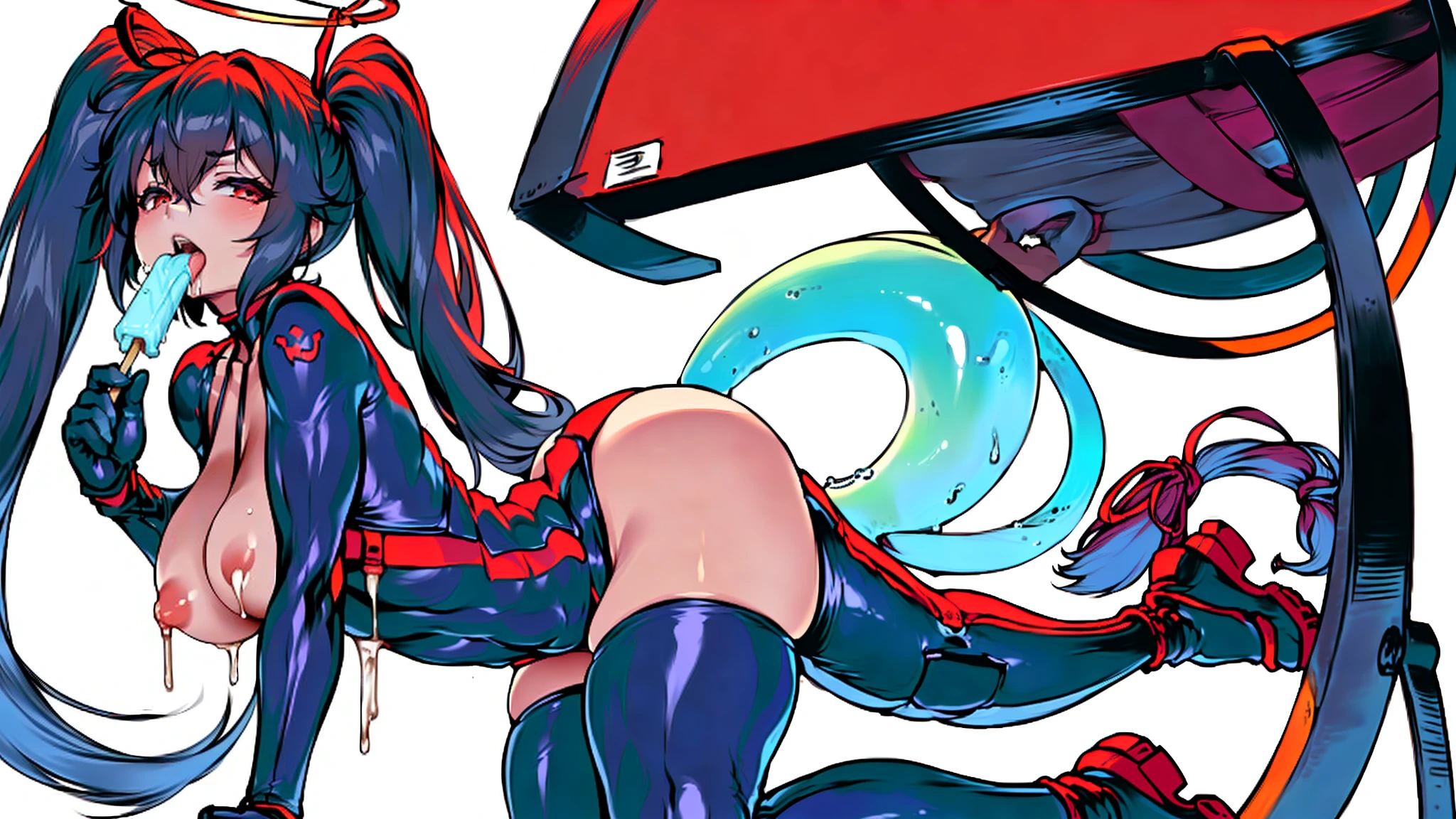 Anime girl lying on table, Beautiful anime girl kneeling with open legs, Biomechanical OPPAI, Sexy pudica pose gesture, seductive anime girls, with index finger, the anime girl is crouching, an oppai cyberpunk, hajime yatate, rogue anime girl ayanami rei, ryuko matoi, sexyposture, konachan，Exhale the mist，Stick out her tongue，Mermaid line，musculature，Ambiguous eyes，High-fork panties，Be red in the face，huge tit，over knee socks，open open mouth，Stick out her tongue， dropping saliva，White popsicles，Melted popsicles，Hair tied up，Long tongue，Single horsetail，The melted popsicle falls on the chest，Excitation，Rub your chest with your right hand，Plenty of liquid，White liquid，Floating popsicles，Suck on popsicles，looking at viewert，love heart，Throw a wink，Lick gently，Camel toes，Half-off coat，Oral sex，Popsicles in his mouth，Semi-closed Eyes，Abs，musculature，Sunburn，Brown skin，Popsicle pointed to panties，Put popsicles in it，Hold your butt with your left hand，Thick and long popsicles，Openwork panties，Top crotch，Fork the legs，without wearing shoes，Mesh socks，Excretion of breast milk，yogurt，Yogurt comes out of the mouth，Yogurt flows from the inside，A small amount of belly yogurt，Lower breast，Excrete yogurt，Get wet，leg loops，Yogurt flows from the butt，Jet yogurt，The halo，Lunette de soleil，black long boots，Deep orange glowing eyes，Mechanical tail，breast press，Popsicles rub panties，Show your ass