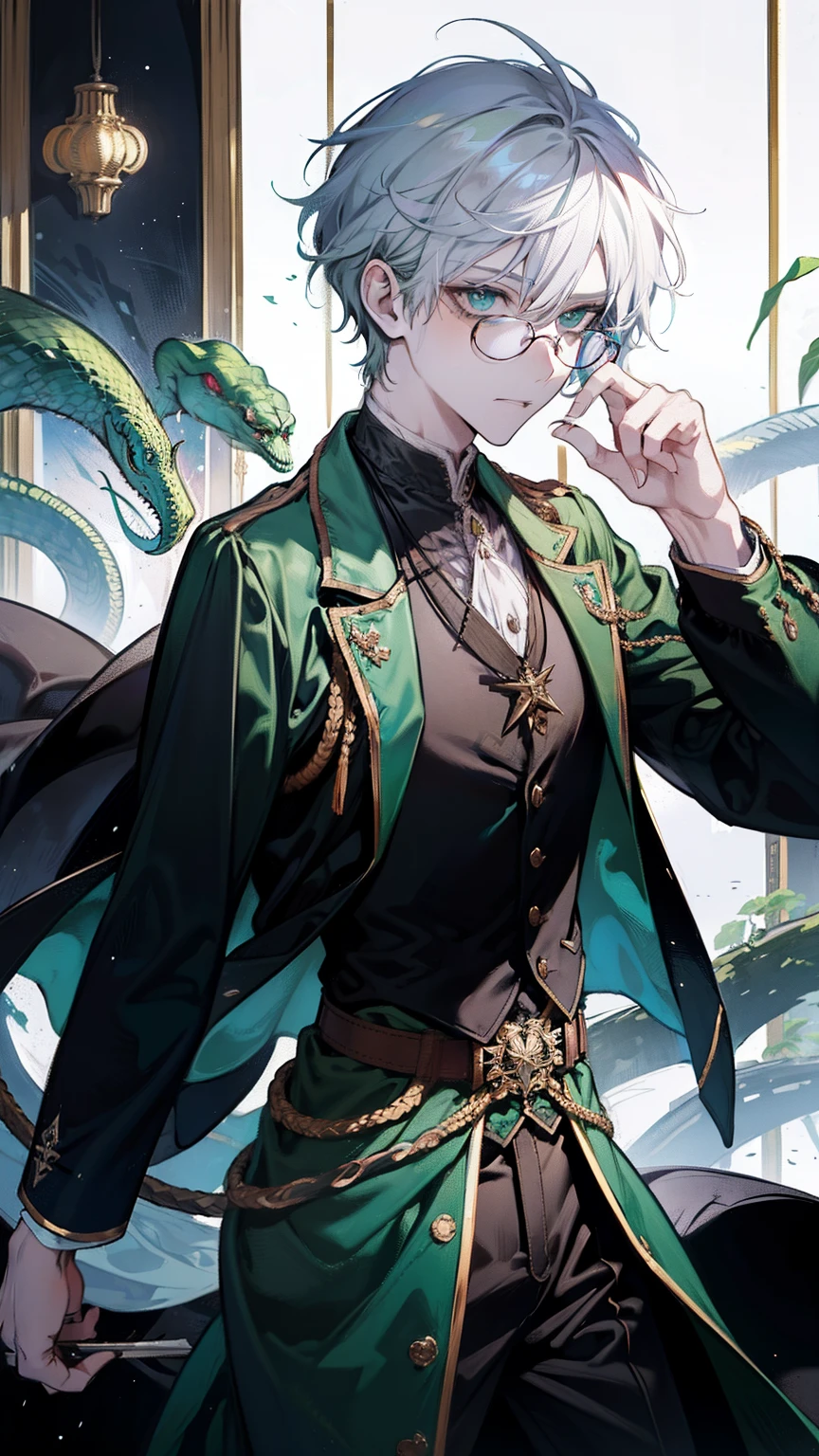 male people，monocle，father，Colored glasses，divino，short detailed hair，whaite hair，green-eyed，Snake pupils，Teacher's robe，pendant，--Aspect ratio 3:4 -- Size 750 -- Noise intensity 5，Wicked laugh，Bible in hand