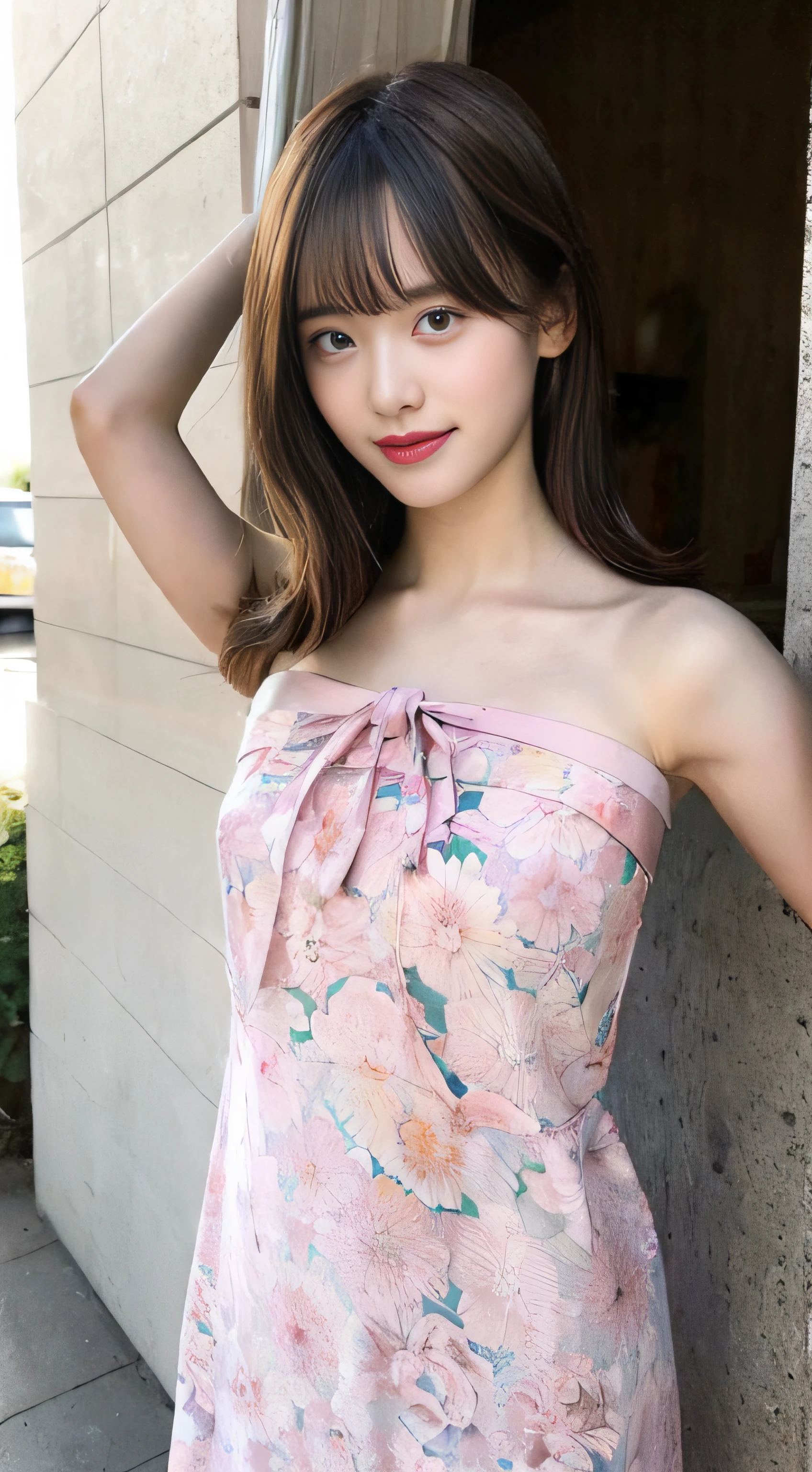 (8K、Raw photography、top-quality、masterpiece:1.2)、32K、ultra res、fully body photo、(Composition from the knee up:2.0)、medium distance shot:1.8、200mm telephoto lens:1.8、body facing forward:2.0、Full body portrait、rialistic photo、((Strapless Pink Floral Camisole Long Dress:1.8))、(realisitic、Photorealsitic:1.37)、超A high resolution、depth of fields、Soft lighting、Caustics、masterpiece、ultra-detailliert、pylons、(8K、Raw photography、top-quality、masterpiece:1.2)、32K、ultra res、rialistic photo、(realisitic、Photorealsitic:1.3)、超A high resolution、depth of fields、Caustics、Canon EOS、masterpiece、ultra-detailliert、fully body photo、1girl in、独奏、in poolside、Slender Abs、flat breast、small tits、Bust 70 cm、Hip 82 cm、Slender body、big breasts thin waist、The crotch is clear、tiny chest、small hip、Model grade ratio、Vibrant poses、Super cute full body photo、1girl in、Long hair swaying in the wind:1.4、is standing、in poolside、Slender Abs、Waist 52 cm、flat breast、small tits、Bust 70 cm、Hip 82 cm、Slender body、big breasts thin waist、tiny chest、small hip、Model grade ratio、Vibrant poses、Super Cute