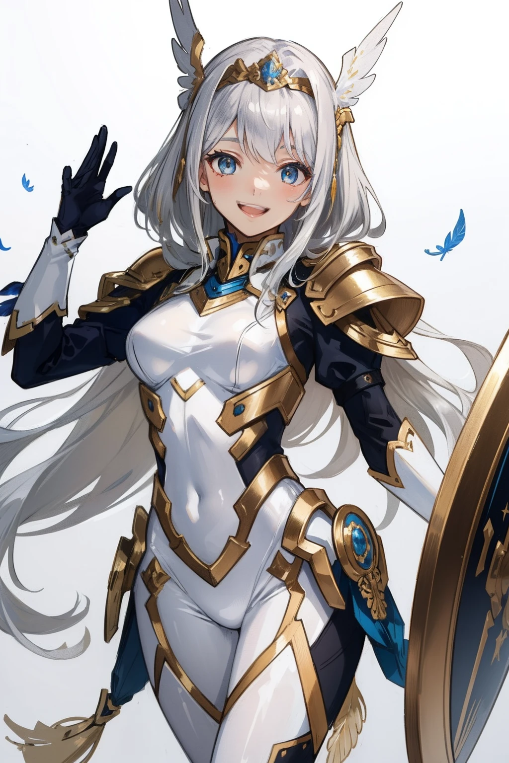 (master piece, Best Quality), Intricate details, valkyrie, kawaii, Happy smile, (((Laugh))), Hand up, Looking at Viewer, Feather Headgear, Flower meadow,
1 girl in, Solo, Portrait, Tentacle Plutinum Blonde Hair, droopy white eyes, Silver Single Thigh, White Independent Single Sleeve, gloves, Single braid,
mecha musume, White bodysuit, Silver Reinforced Suit, Mini Feather Wing, silver pantyhose, full armor, flower decoration, equip sword, equip shield